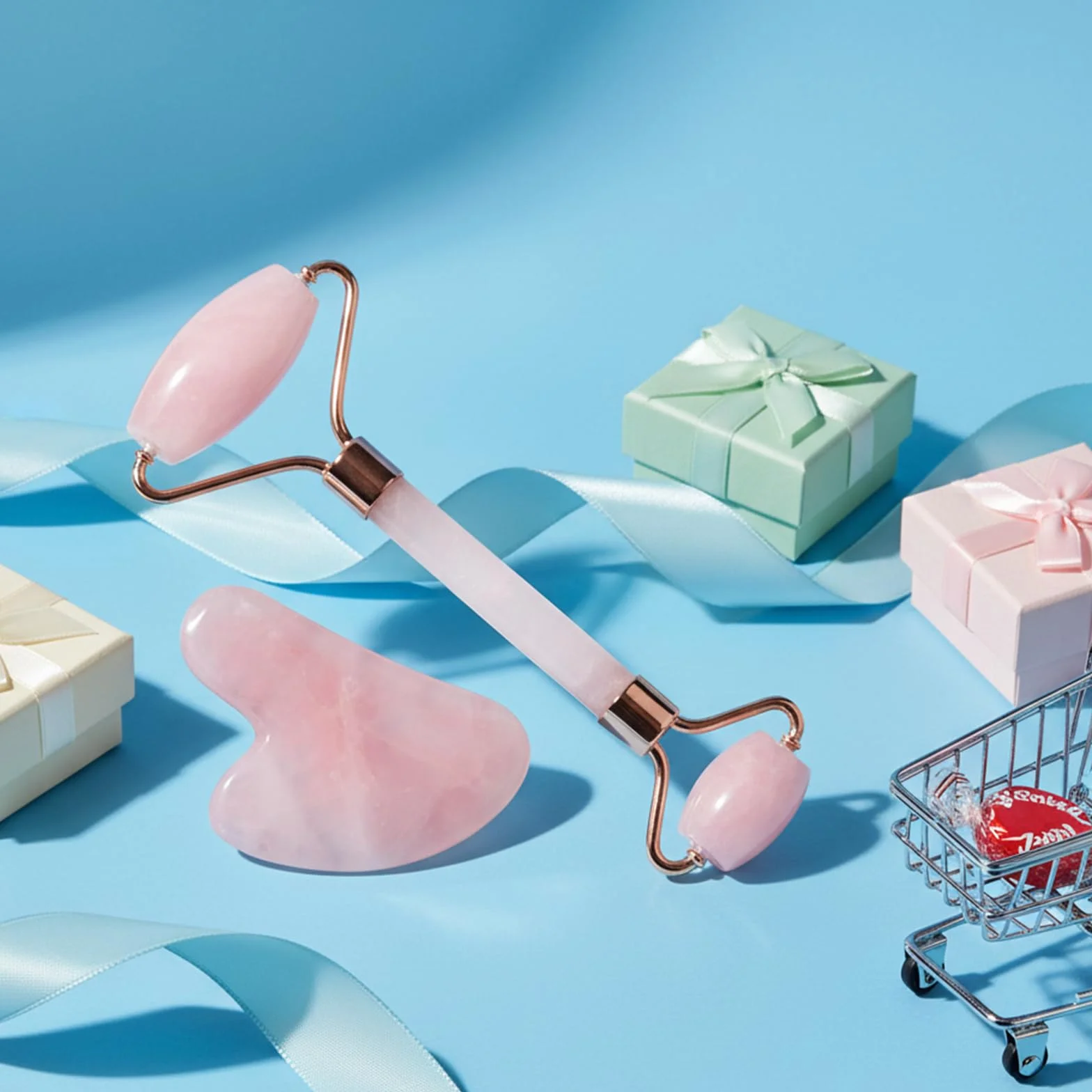 BAIMEI Gua Sha & Jade Roller, Cuarzo Rosa GuaSha, Masajeador Facial para Mujeres