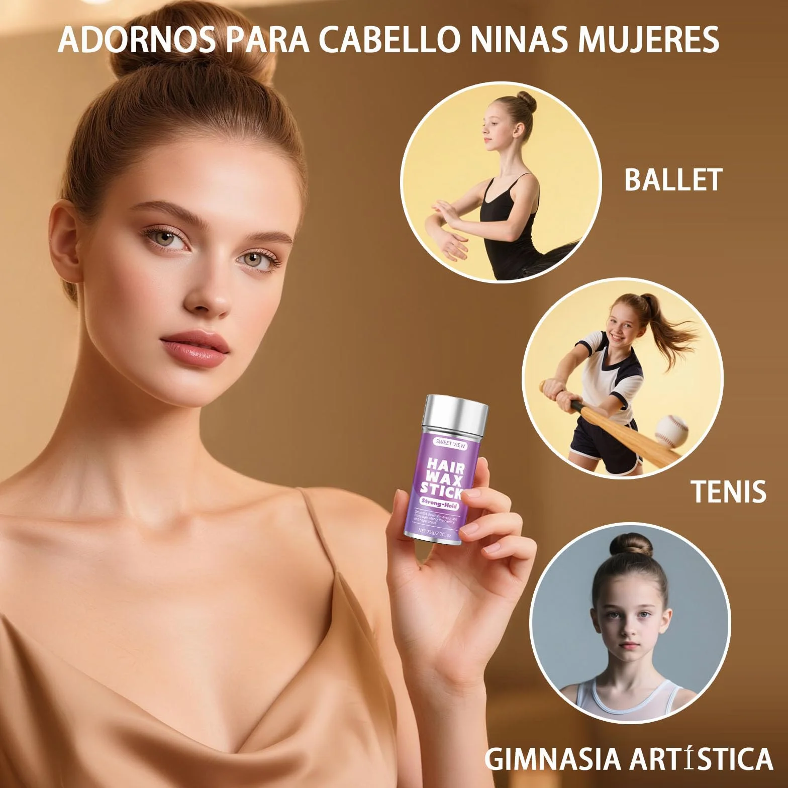 SWEET VIEW Cera para el cabello en barra y cepillo para alisar cabellos rebeldes, accesorio para mujeres, niñas y niños