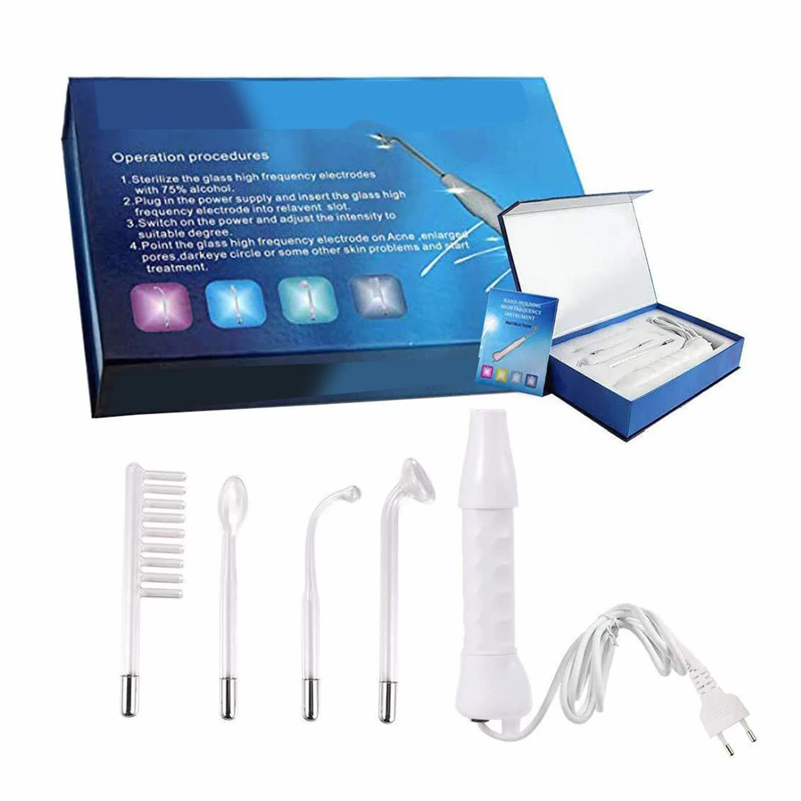 Fyearfly Máquina facial portátil de alta frecuencia con 4 tubos de peine, eliminador de ácaros, tratamiento del acné, cuidado facial, negro, metal, cristal