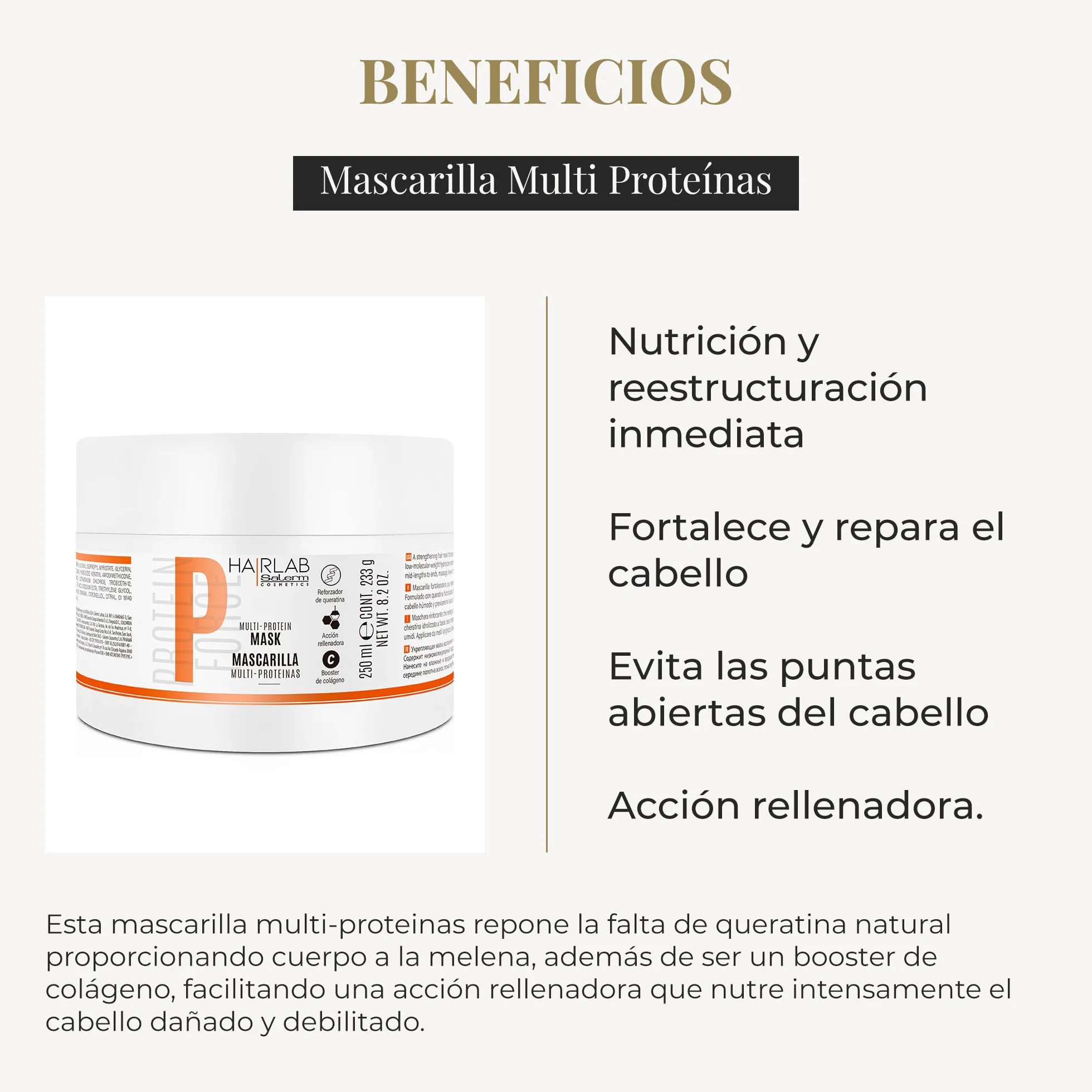 SALERM Multi-Proteínas Hair Lab Mascarilla Cabello Dañado 250 ml Repone Queratina Natural Fortalece Repara Sin Parabenos