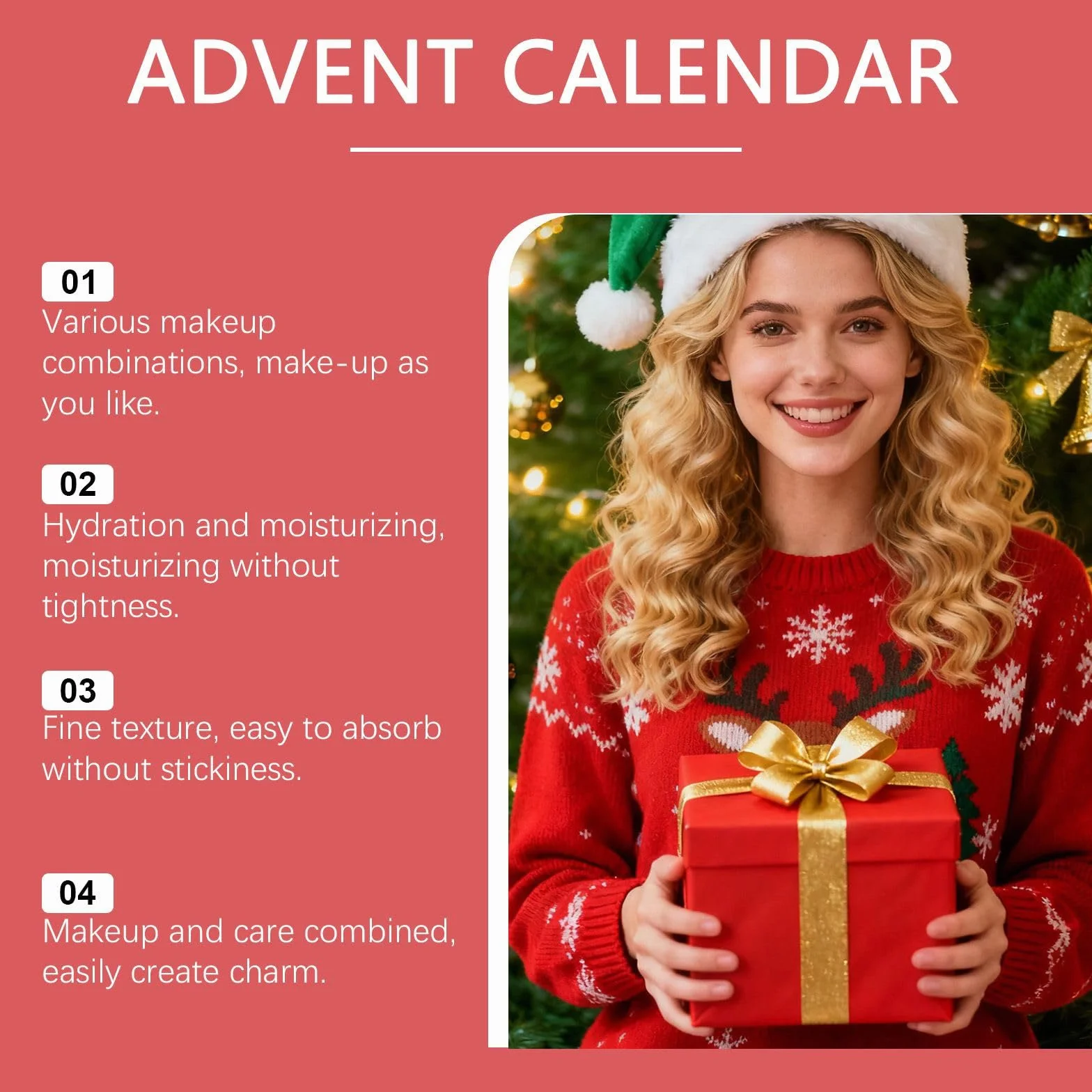 Calendario de Adviento de belleza, calendario de cuenta regresiva de Navidad con 24 cuadrículas para el cuidado de la piel, relleno de calcetines, maquillaje para mujeres, niñas, adolescentes