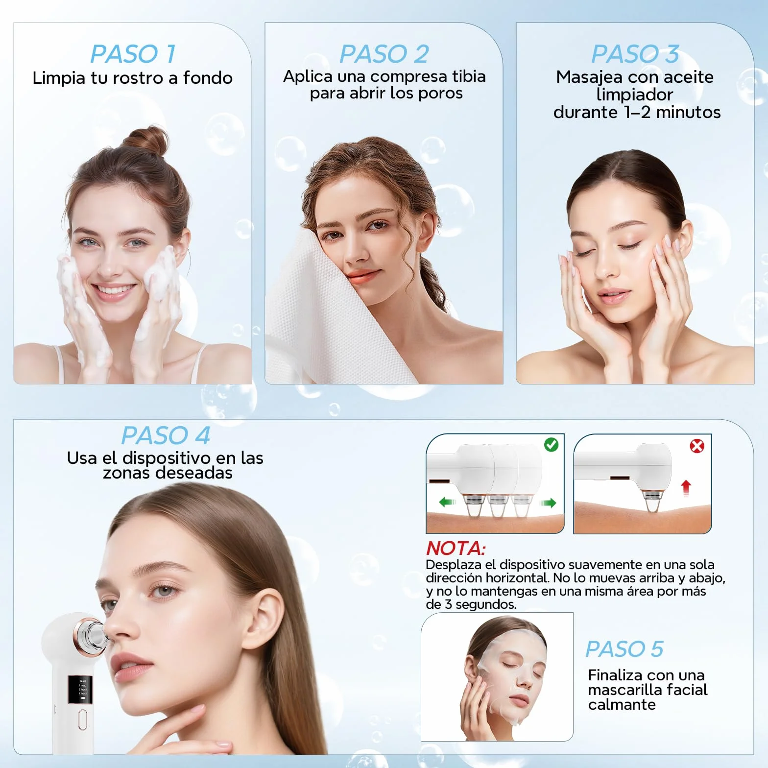 Succionador de puntos negros 5 Boquillas 3 Modos Limpieza Facial Nasal Kit Eliminar Comedones Acné Graso