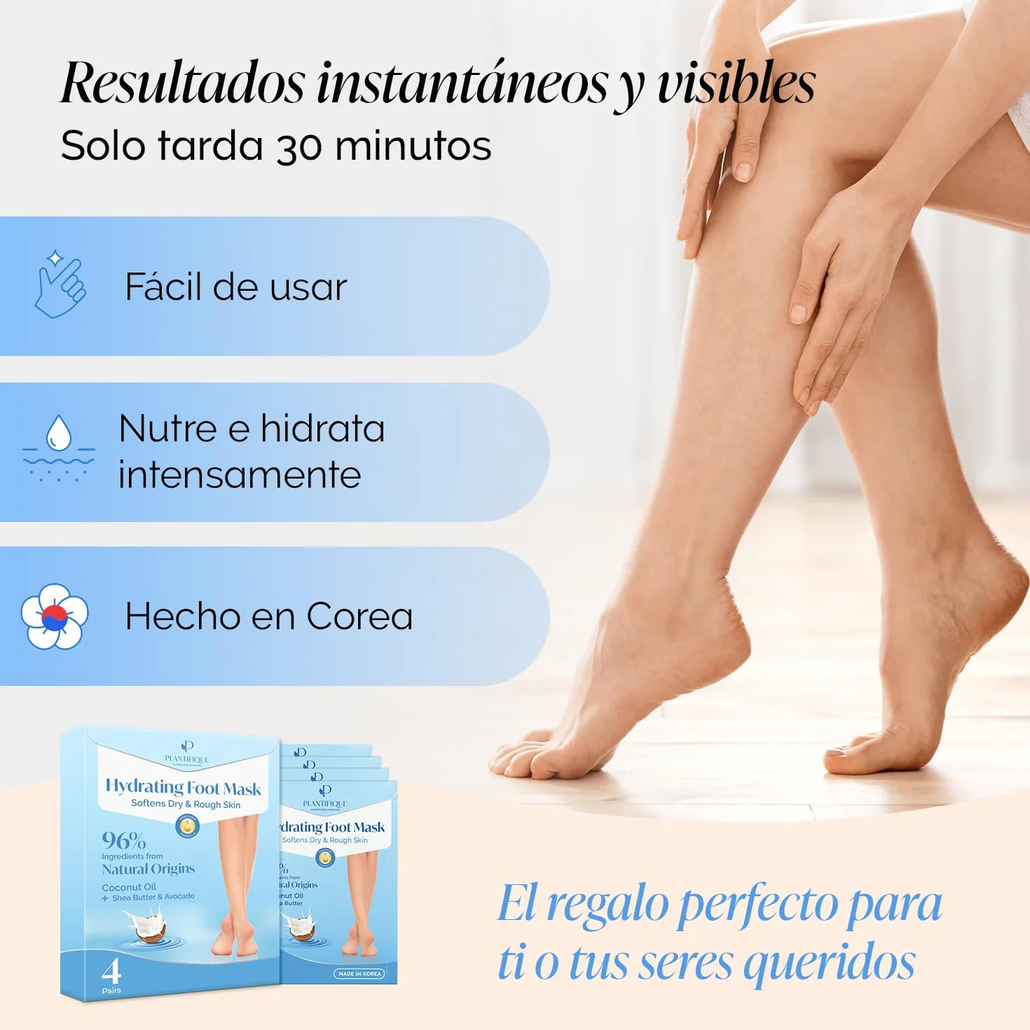 PLANTIFIQUE Korean Foot Mask 4 Pares Mascarilla Pies Hidratante para Pies Muy Secos y Agrietados