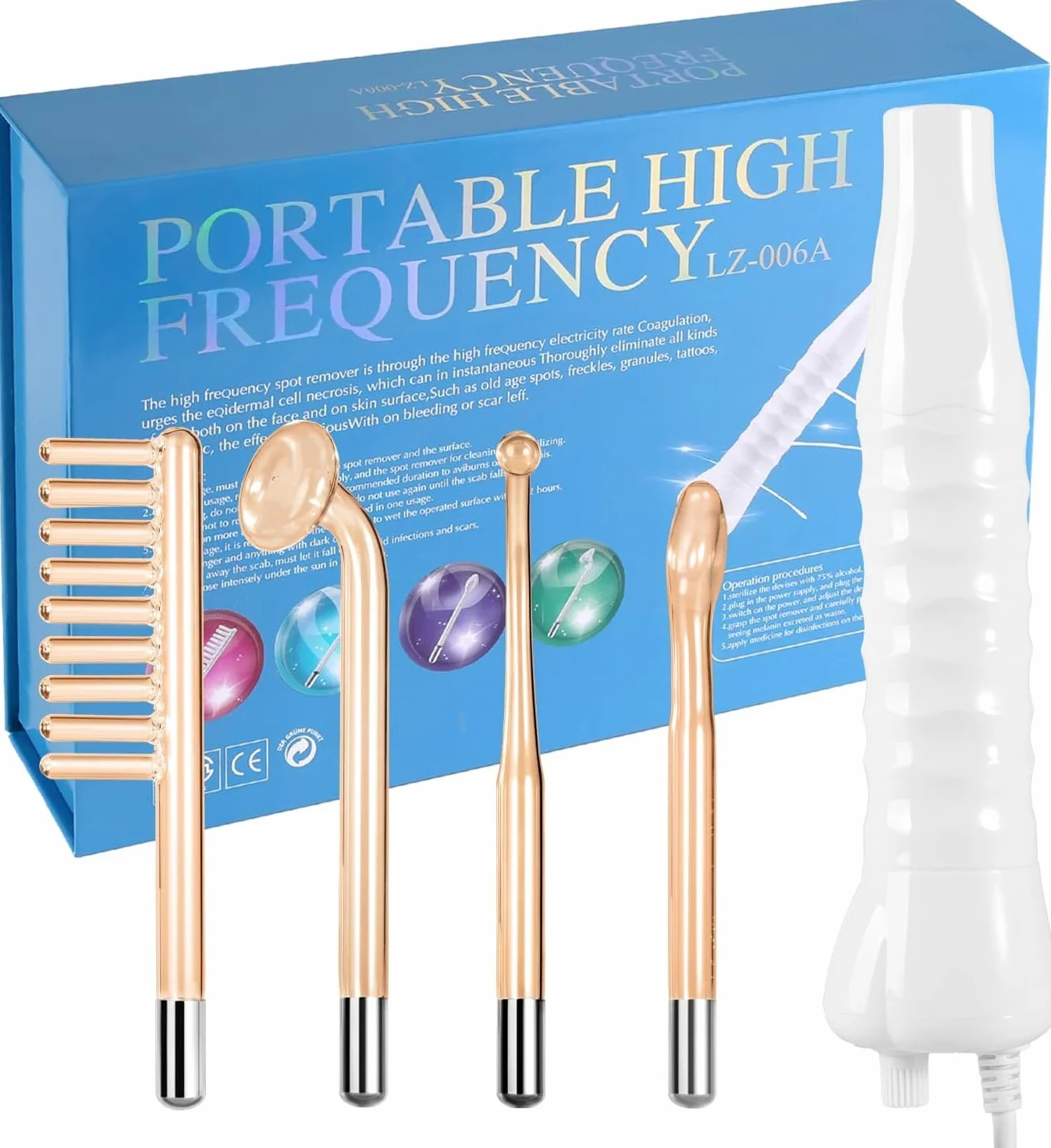 Alta Frecuencia Facial y Capilar Profesional - High Frequency Wand - Máquina Quita Arrugas, Acné y Manchas - Tecnología LED con 4 Electrodos