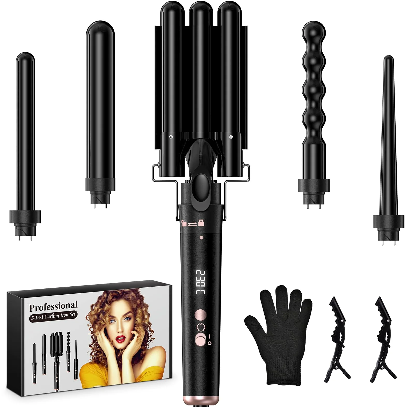 Rizador de Pelo 5 en 1 con 5 Accesorios Intercambiables, Rizador Pelo Ondas, Plancha Ondas de Cerámica, Temperatura Ajustable, Calentamiento Rápido, Rizador Tres Barriles para Rizos y Ondas