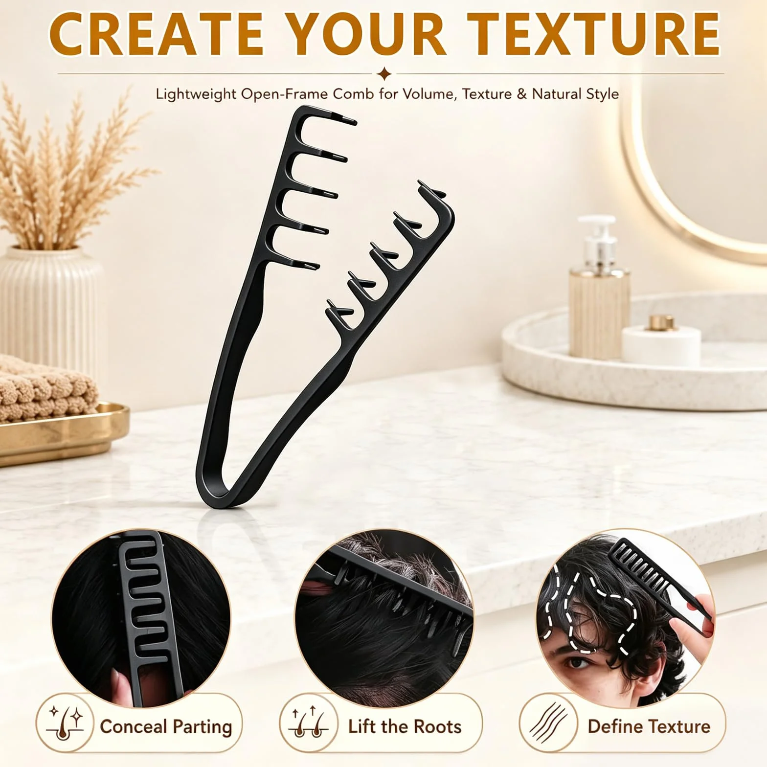 Sularpek Peine Texturizador Hombre, Peine pelo Rizado, Volumen Raíces Flequillo, Negro