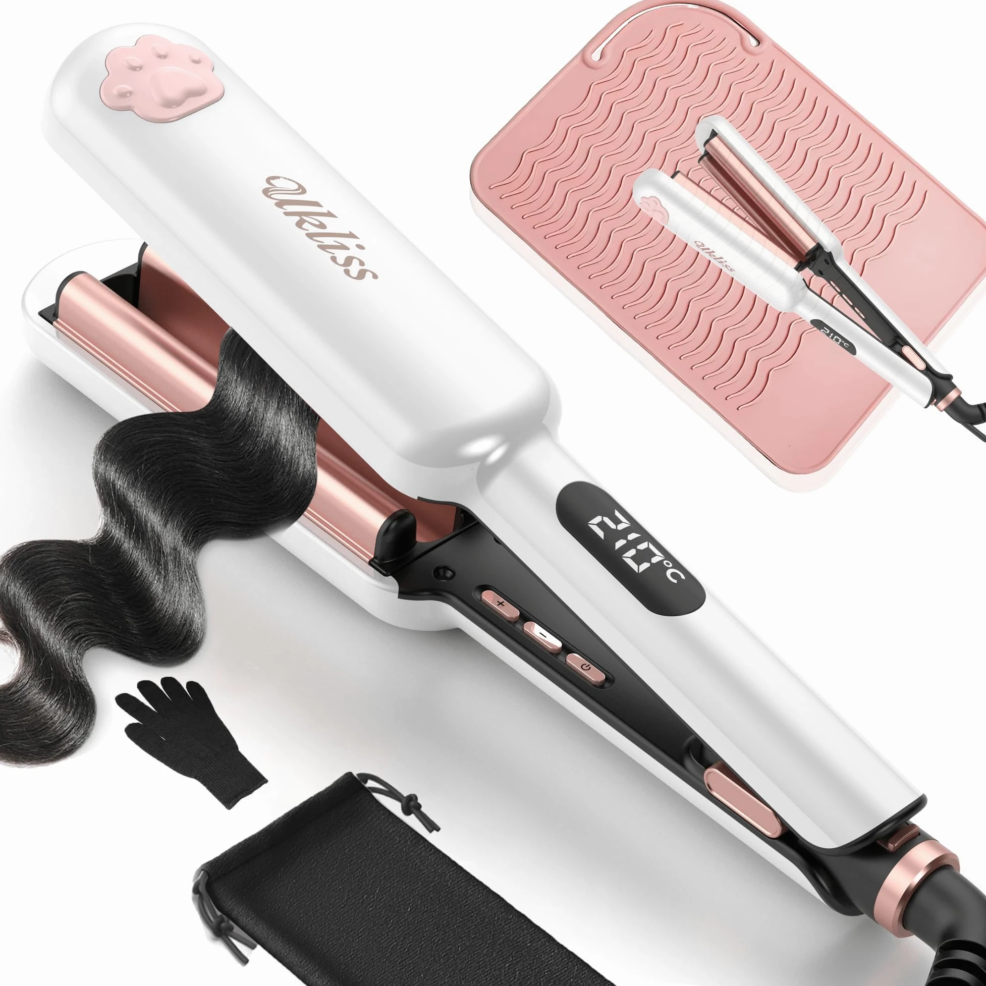 UKLISS Plancha ondulada, Pro Mini plancha ondulada para cabello, rizador de pelo grande, adecuado para principiantes, pantalla LCD [130-210℃], con alfombrilla de aislamiento térmico, guantes y bolsa