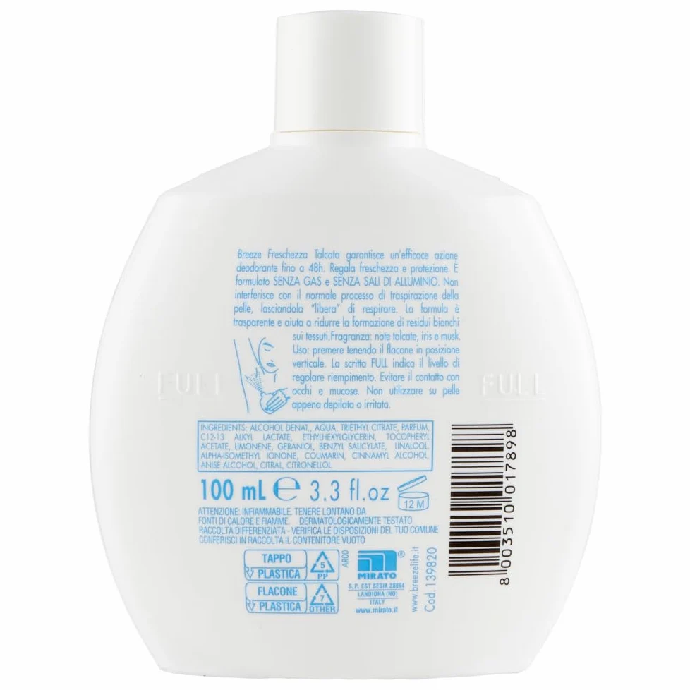 Breeze Freschezza Talcata Desodorante Squeeze, desodorante sin gas y sin sales de aluminio, desodorante perfumado 48 horas, 100 ml + llavero Beni Culinari gratuito