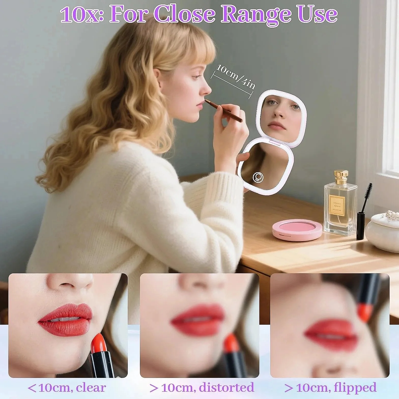 Collazoey LED Espejo de Maquillaje 1X/10X Aumentos USB Recargable 3 Luces Ajustable Plegable Portátil Viaje Morado