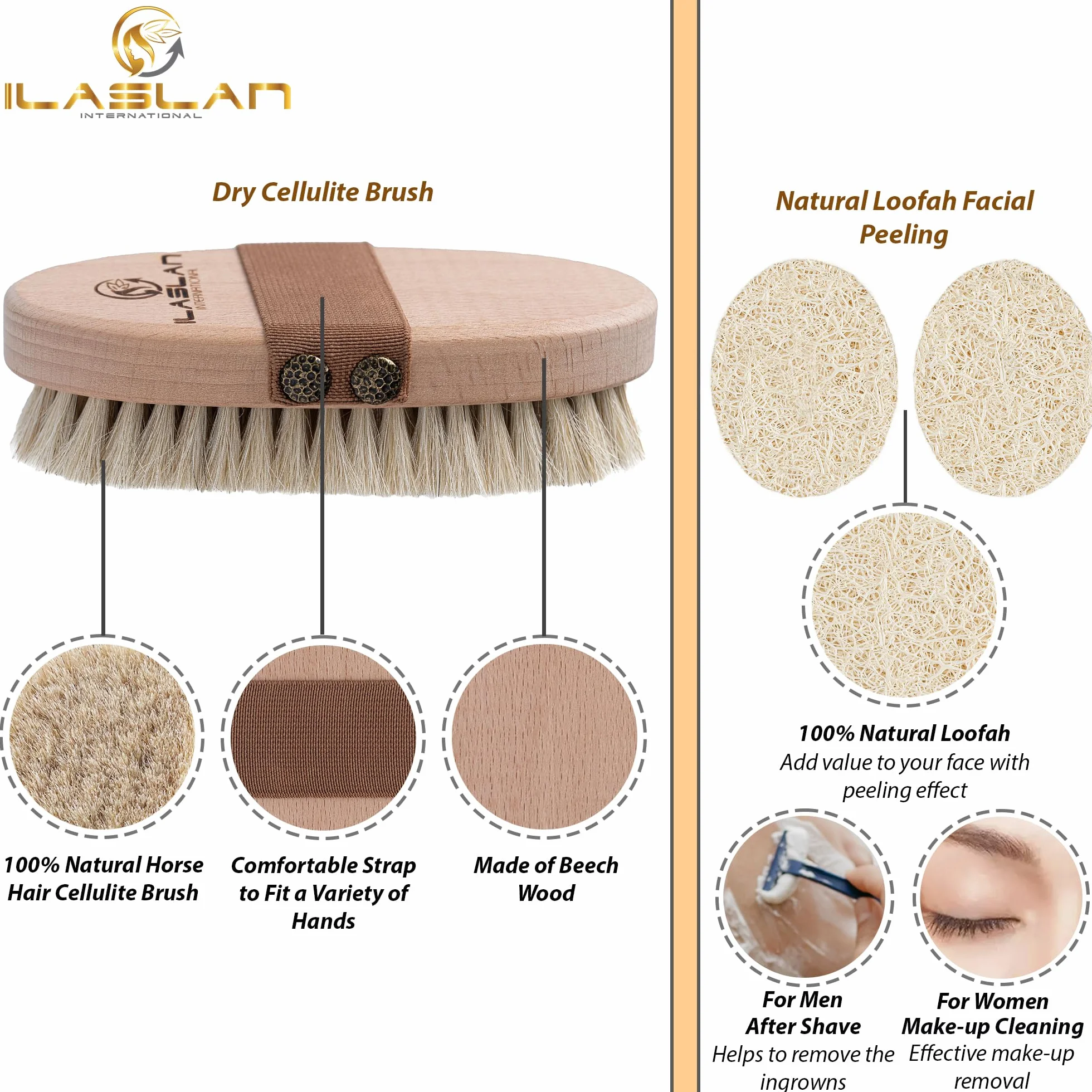Cepillo corporal de cepillado en seco, exfoliante y limpieza natural de pelo de caballo | Cepillado de piel seca con 2 almohadillas de exfoliación facial de lufa natural | Cerdas suaves para frotar
