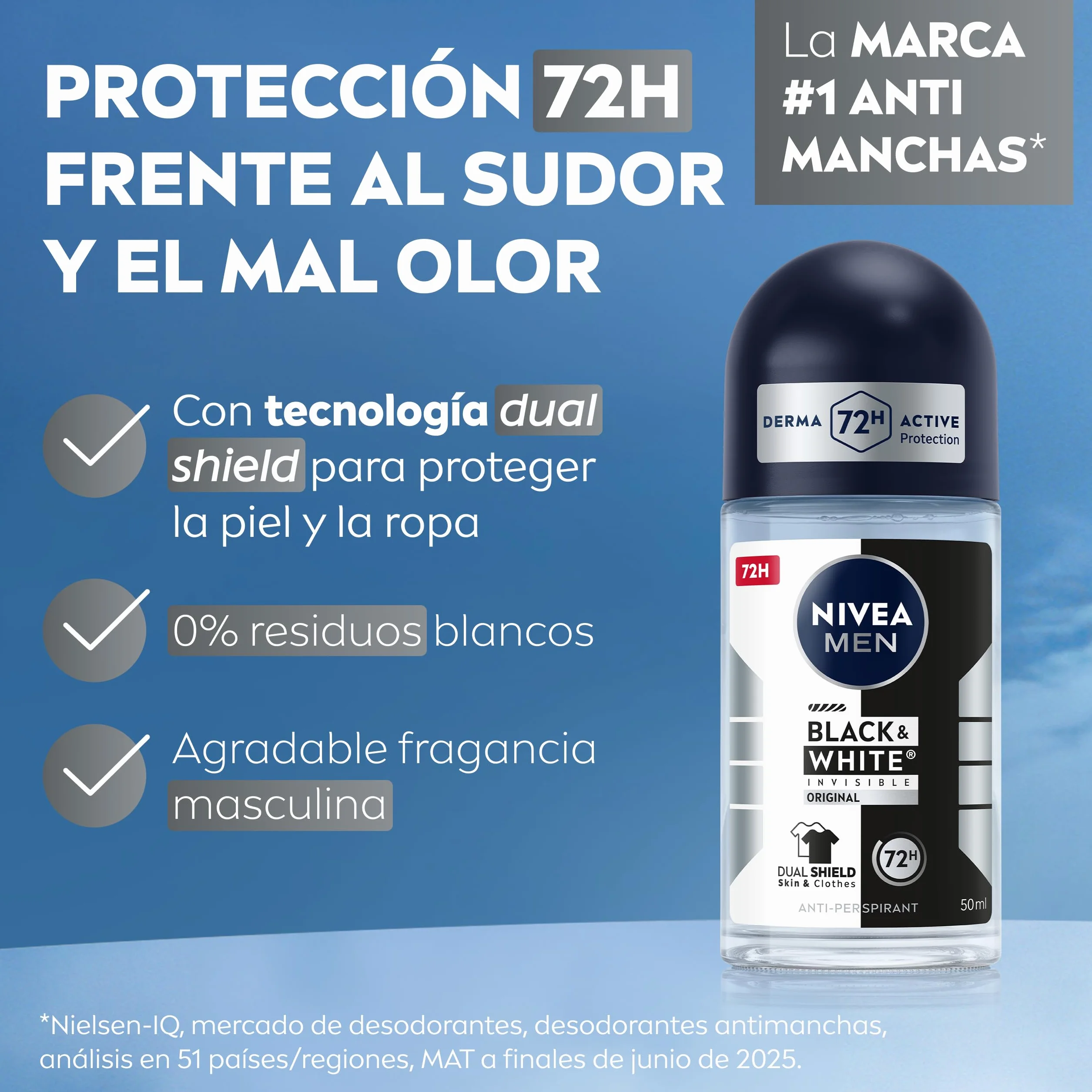NIVEA MEN Black & White Invisible Original Desodorante Roll-on Hombre 72h Protección Antitranspirante Sin Alcohol Pack 6 x 50 ml