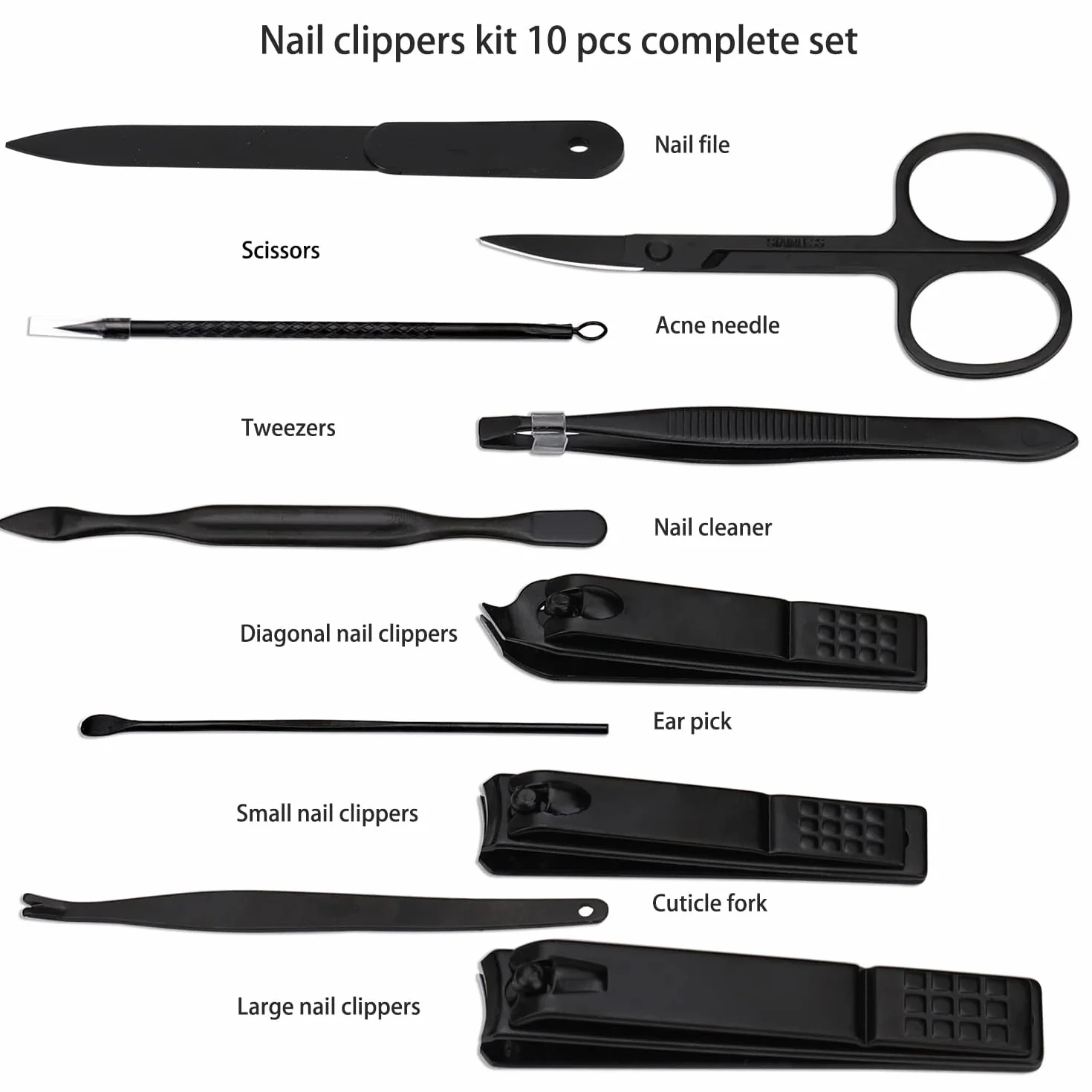 Juego de manicura cortaúñas profesionales acero inoxidable 10 en 1 negro con estuche de viaje