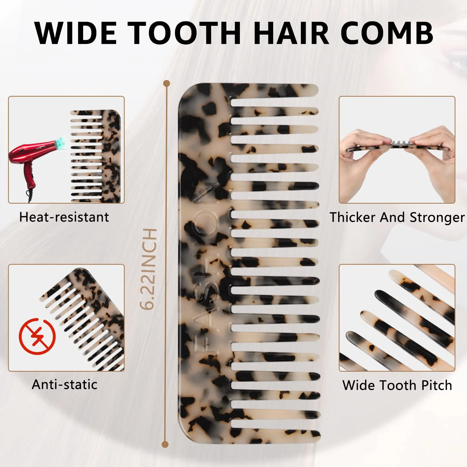 Peine Pelo Rizado 2 Piezas, Peine Púas Anchas Antienredos Antiestáticos para Cabello Largo Húmedo, Rizos, Marrón/Blanco