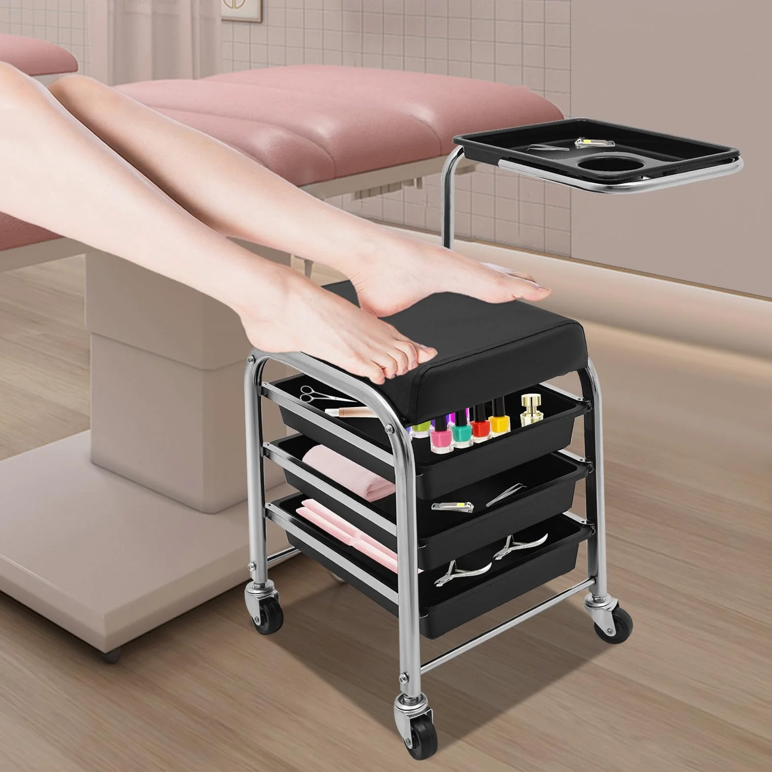 Carrito de peluquería 3 niveles altura ajustable 53-77 cm 4 ruedas negro