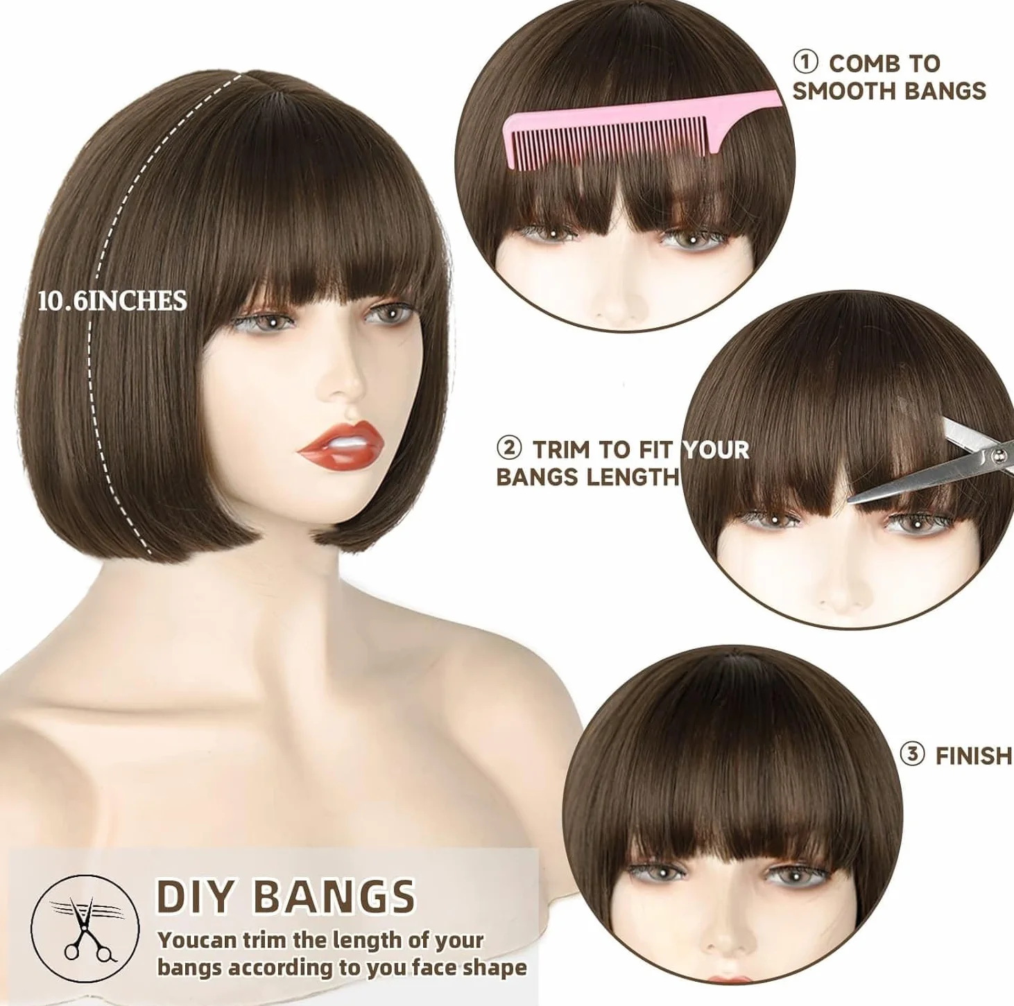 Creamily Peluca Bob Pastel con Flequillo 25 cm Marrón Sintética para Mujer Cosplay
