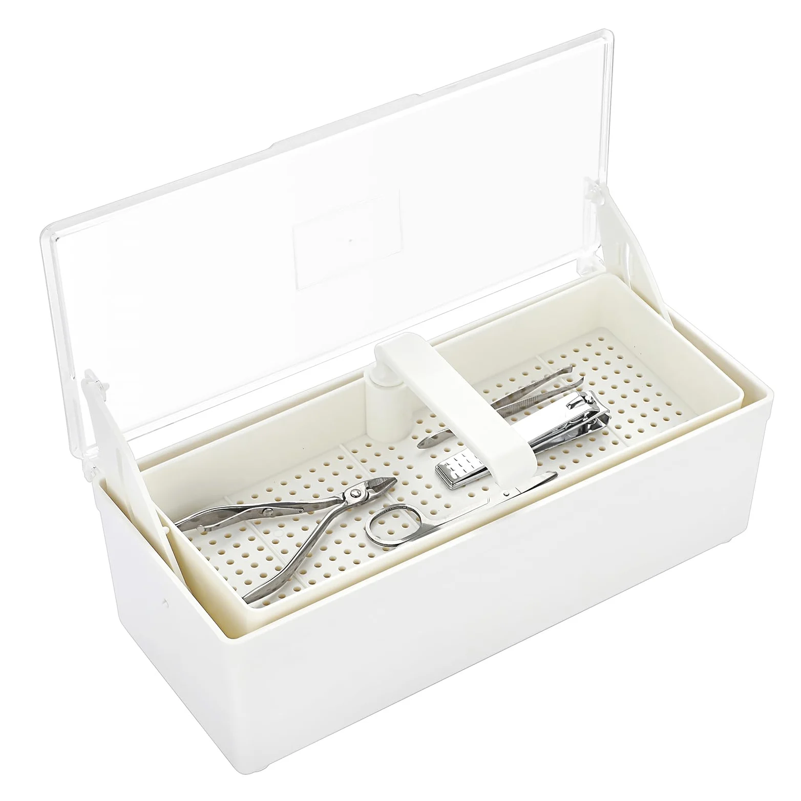 JUXYES Bandeja de esterilización de plástico para accesorios de arte de uñas, bandeja esterilizadora portátil con colador, caja de almacenamiento para pinzas, herramientas de manicura, herramienta de