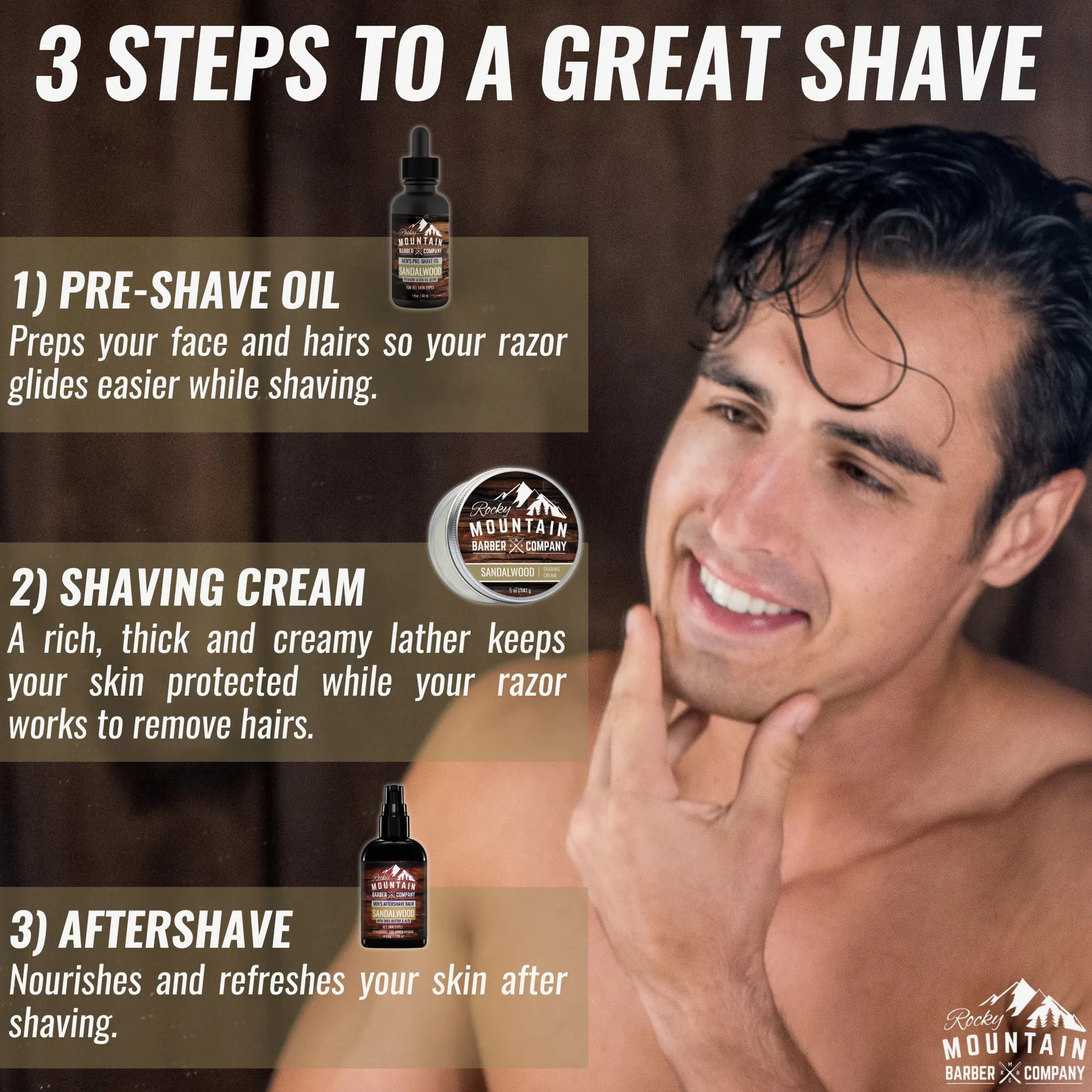 Crema de afeitado para hombres de Rocky Mountain Barber Company, con aceite esencial de sándalo natural, hidratante, antiinflamatoria, para pieles sensibles y todos los tipos de piel (148 ml)