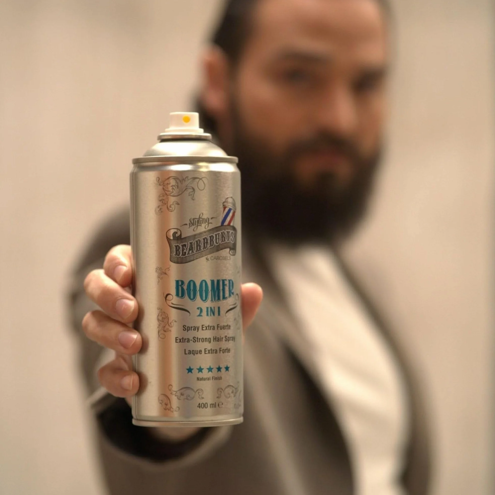 Beardburys HairSpray 2 en 1 Boomer Laca Profesional para el Pelo Hombre, Mate con Fijación Extra Fuerte, 400ml