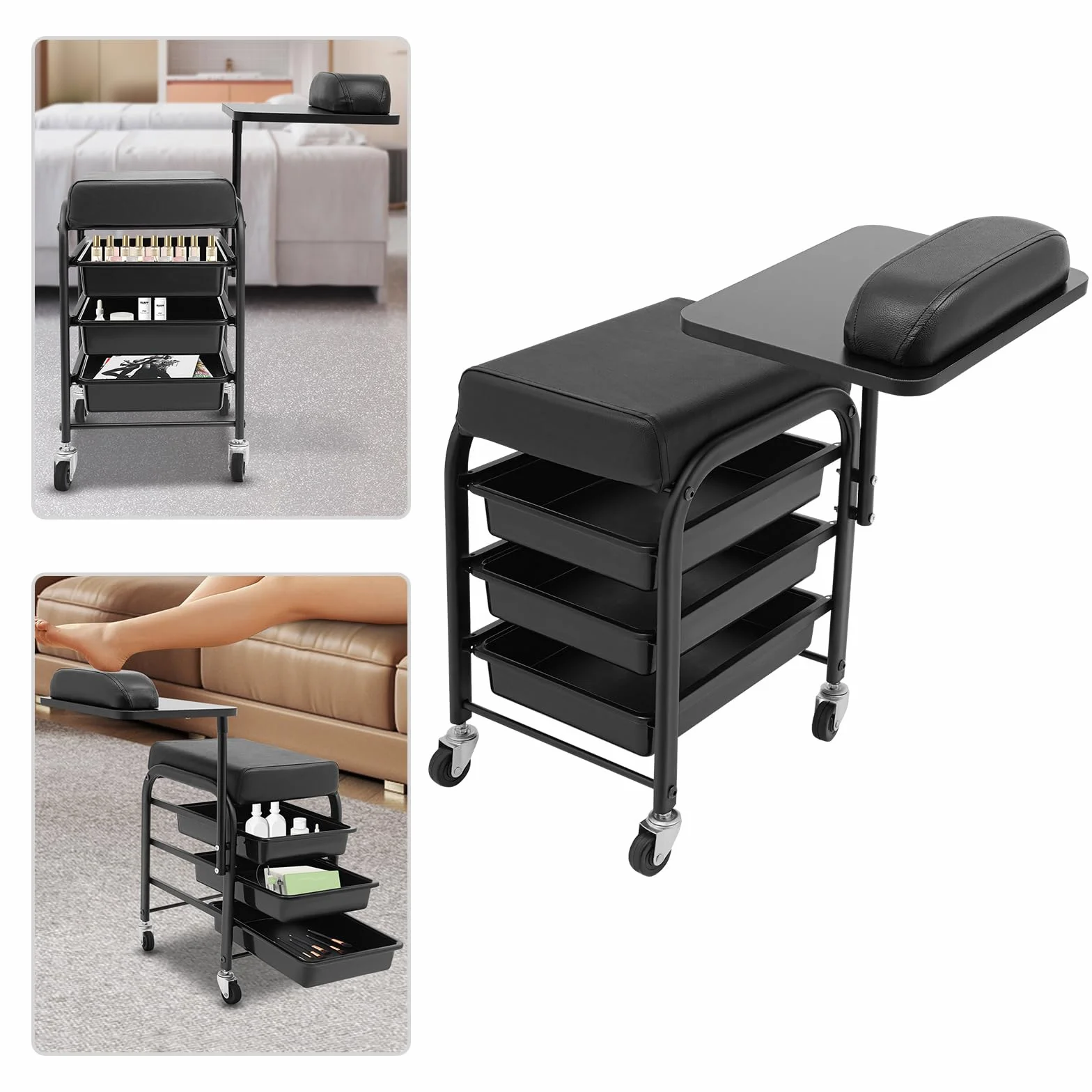 Silla de manicura con carrito extensible 3 cajones 360° soporta 75 kg negro