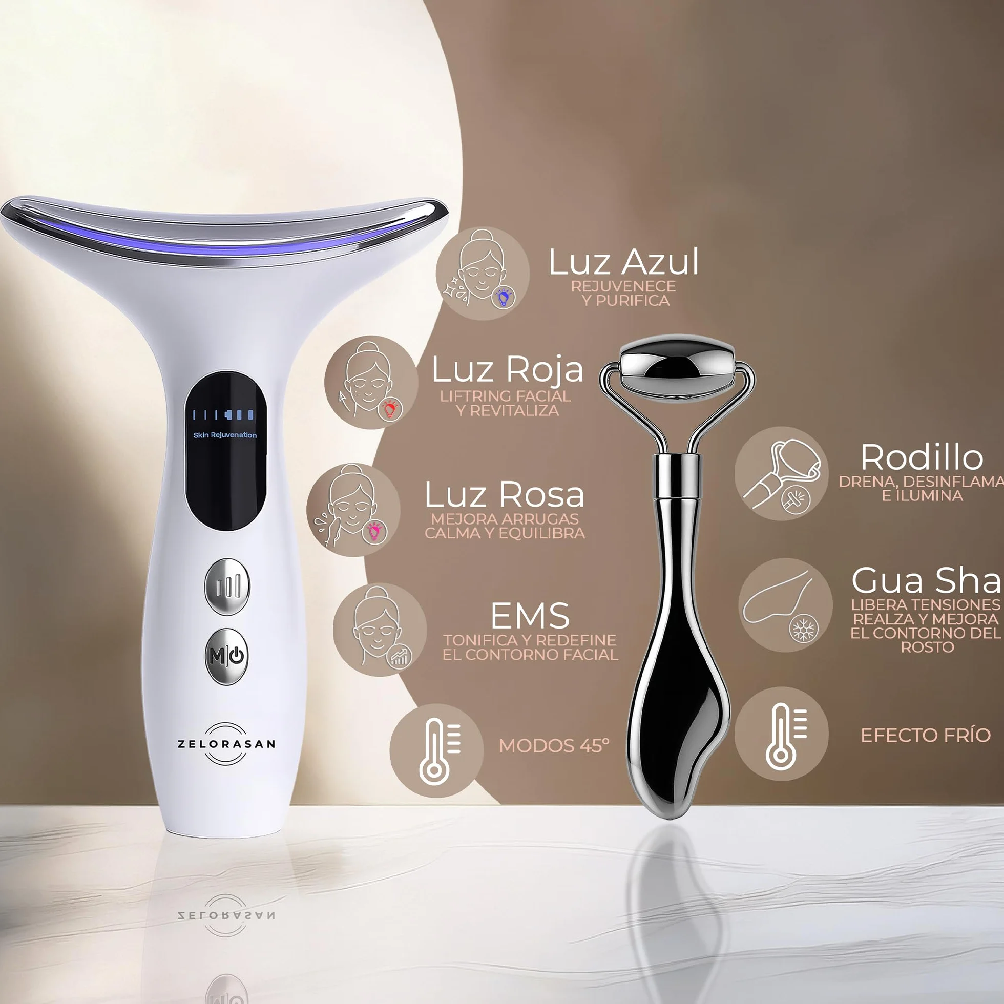 Set Masajeador Facial y Rodillo Gua Sha - Masajeador Facial Eléctrico Antiarrugas Para Cara y Cuello, 4 Modos de Luz, temperatura 45 ºC, Ice Roller Gua Sha, Lifting, Antiedad, Reafirmante