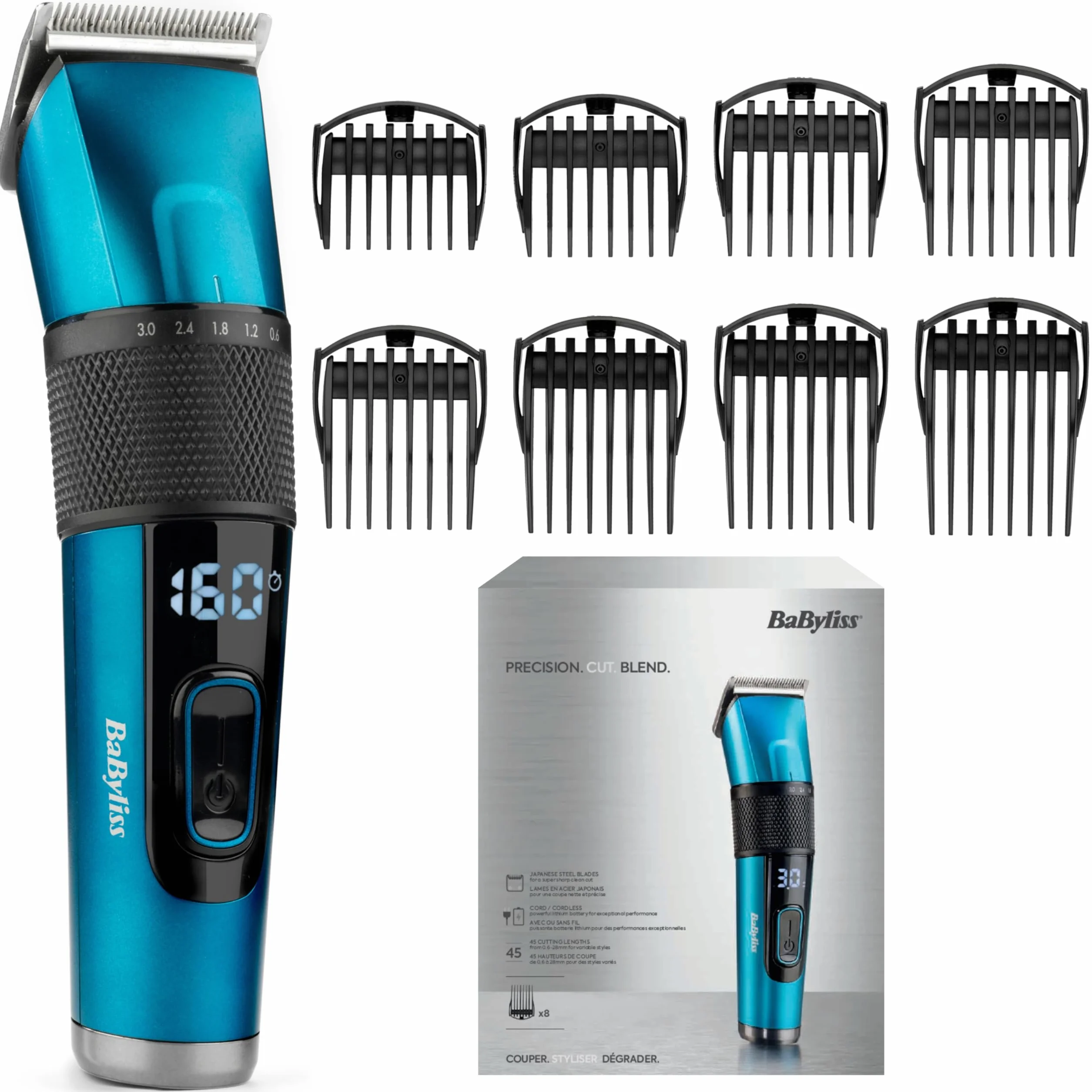 BaByliss Cortapelos Japanese Steel E990E Inalámbrico 160 min Batería Litio Carga Rápida 20 min 45 Longitudes Corte Estuche