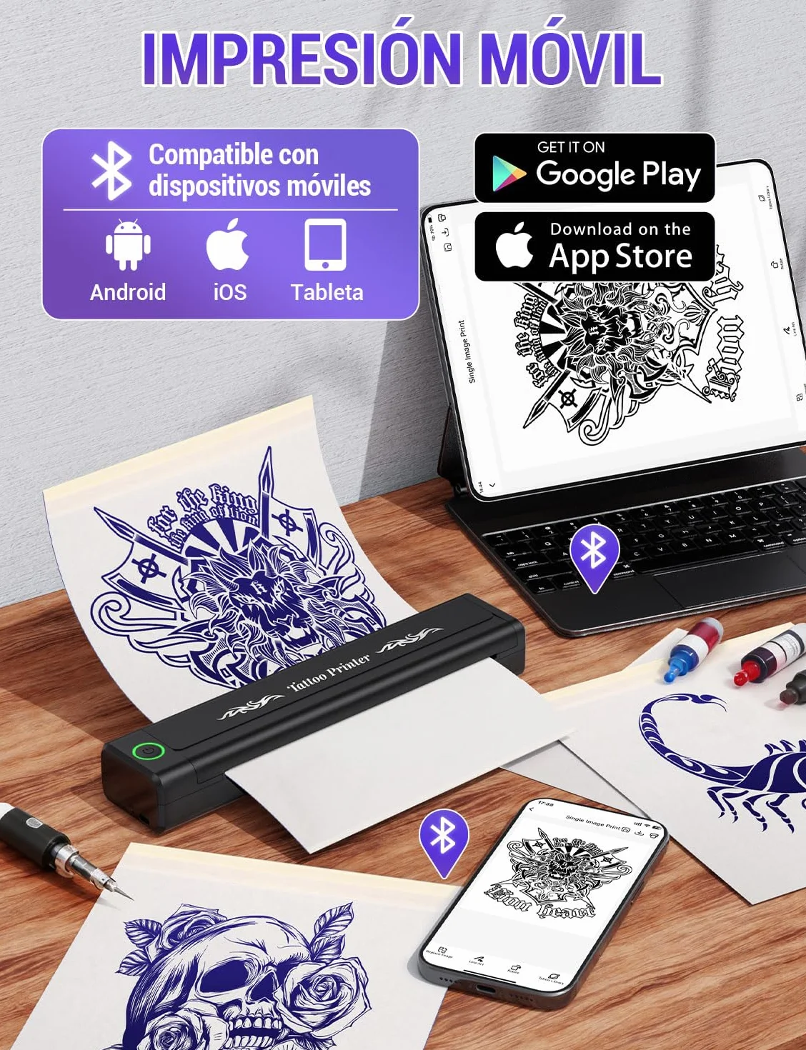 YOHOOLYO Termocopiadora Tattoo Bluetooth Impresora Termica Tattoo Portatil 203 DPI Compatible con Smartphones Tabletas Incluye 10 Hojas de Transferencia para Tatuadores Principiantes