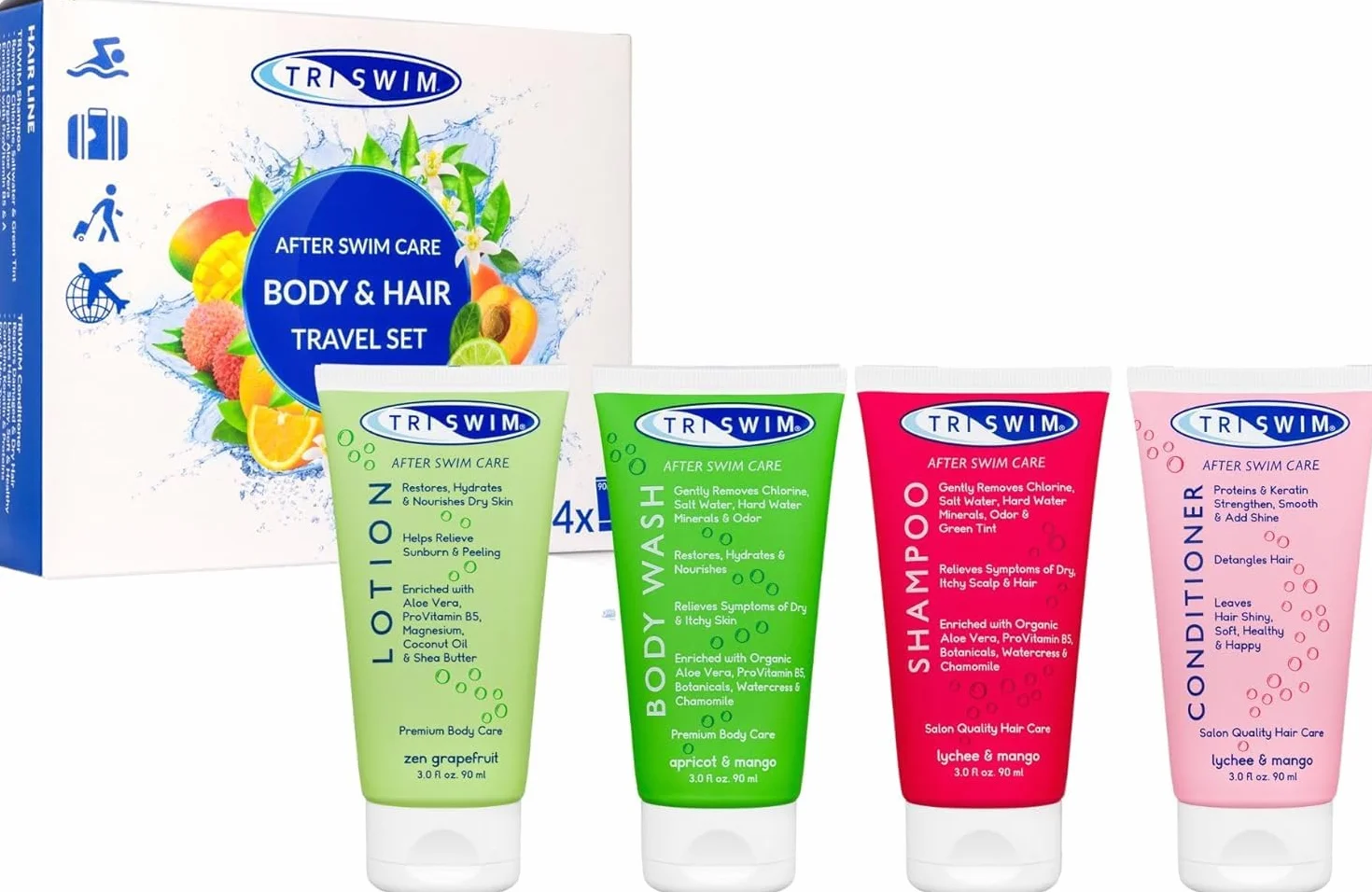 TRISWIM Conjunto de Viaje Después de Nadar Champú Anticloro Gel de Baño Acondicionador Hidratante Pelo Loción Corporal 4x90ml