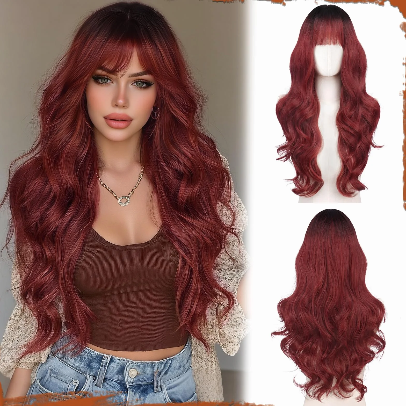 Sofeiyan Peluca Larga Ondulada 60 cm Negro Degradado Burdeos Resistentes al Calor con Flequillo para Mujer Cabello Sintético