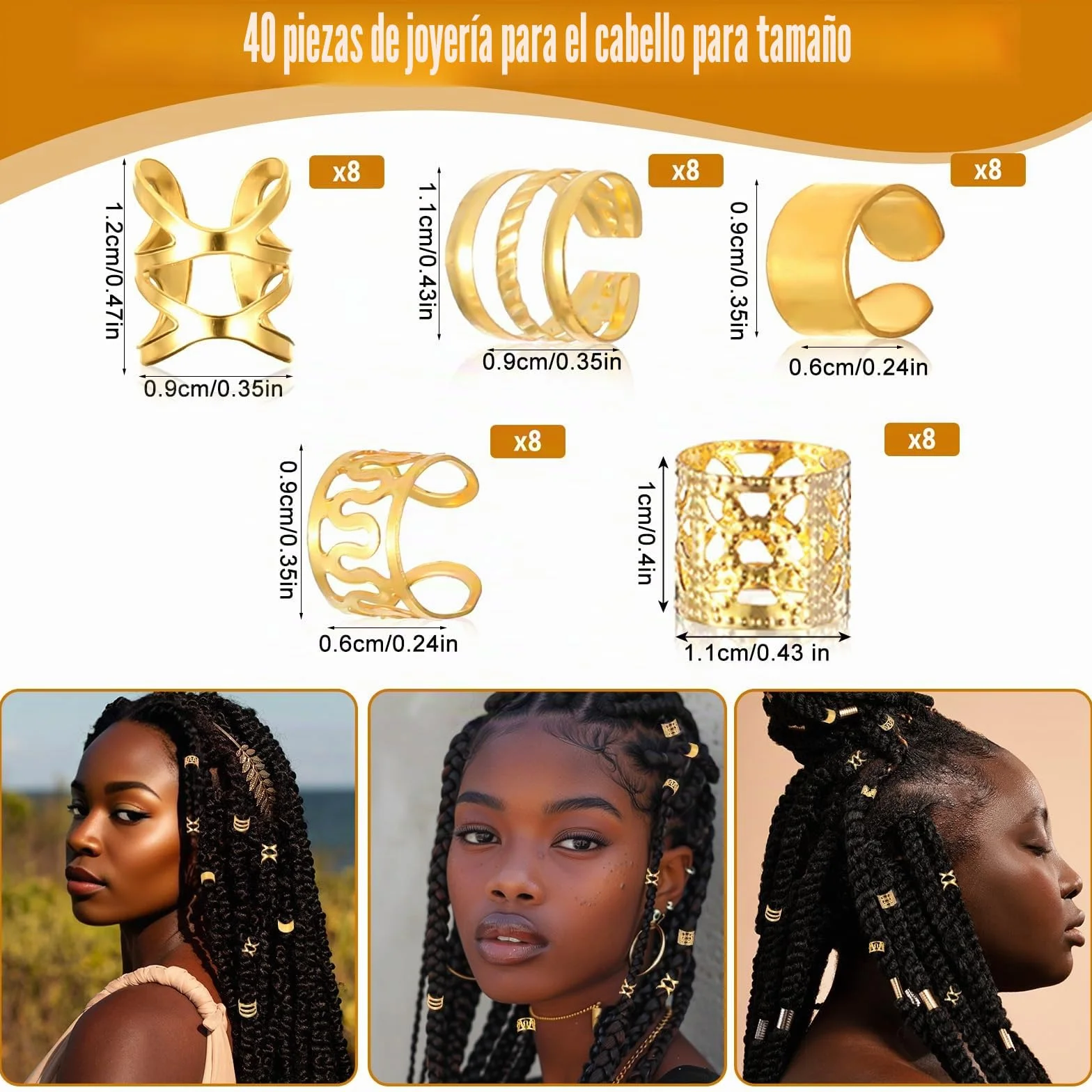 Ouligay 40 piezas joyería dorada para el cabello anillos trenzas ajustable rastas clips accesorios