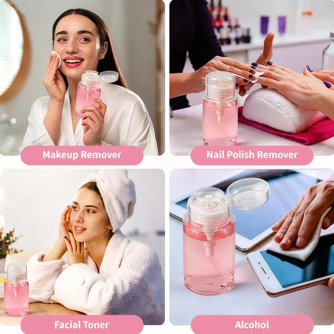 Botellas Dosificadoras 2x200ml +100pcs Almohadillas para Limpiar Uñas, Dispensador con Bomba para Líquidos Cosméticos