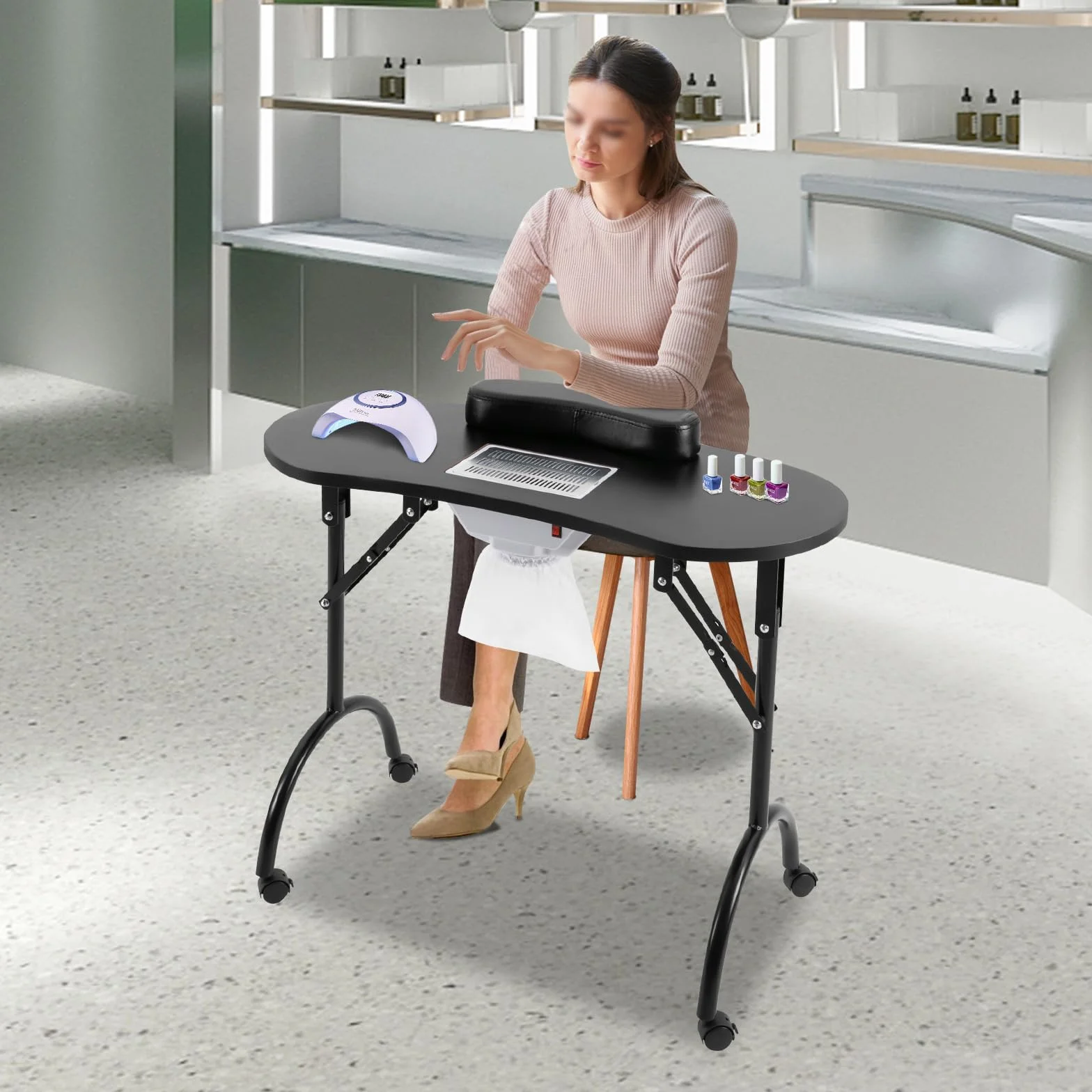 Mesa de manicura plegable con aspiración, mesa de manicura portátil con ruedas y cojín para la muñeca, mesa de manicura portátil para corte de cabello, cosmética y cuidado de uñas