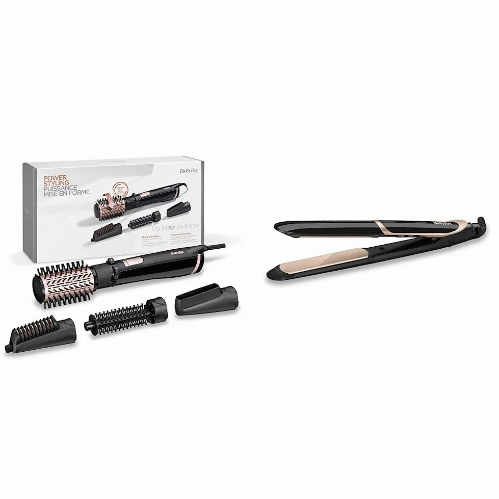 BaByliss AS200E Cepillo de Aire Rotatorio 1000 W, Iónico, Cepillo de Pelo + Aire Frío, 2 Sentidos de Rotación, Color Negro & ST393E Plancha de pelo profesional, iónica,Color Negro