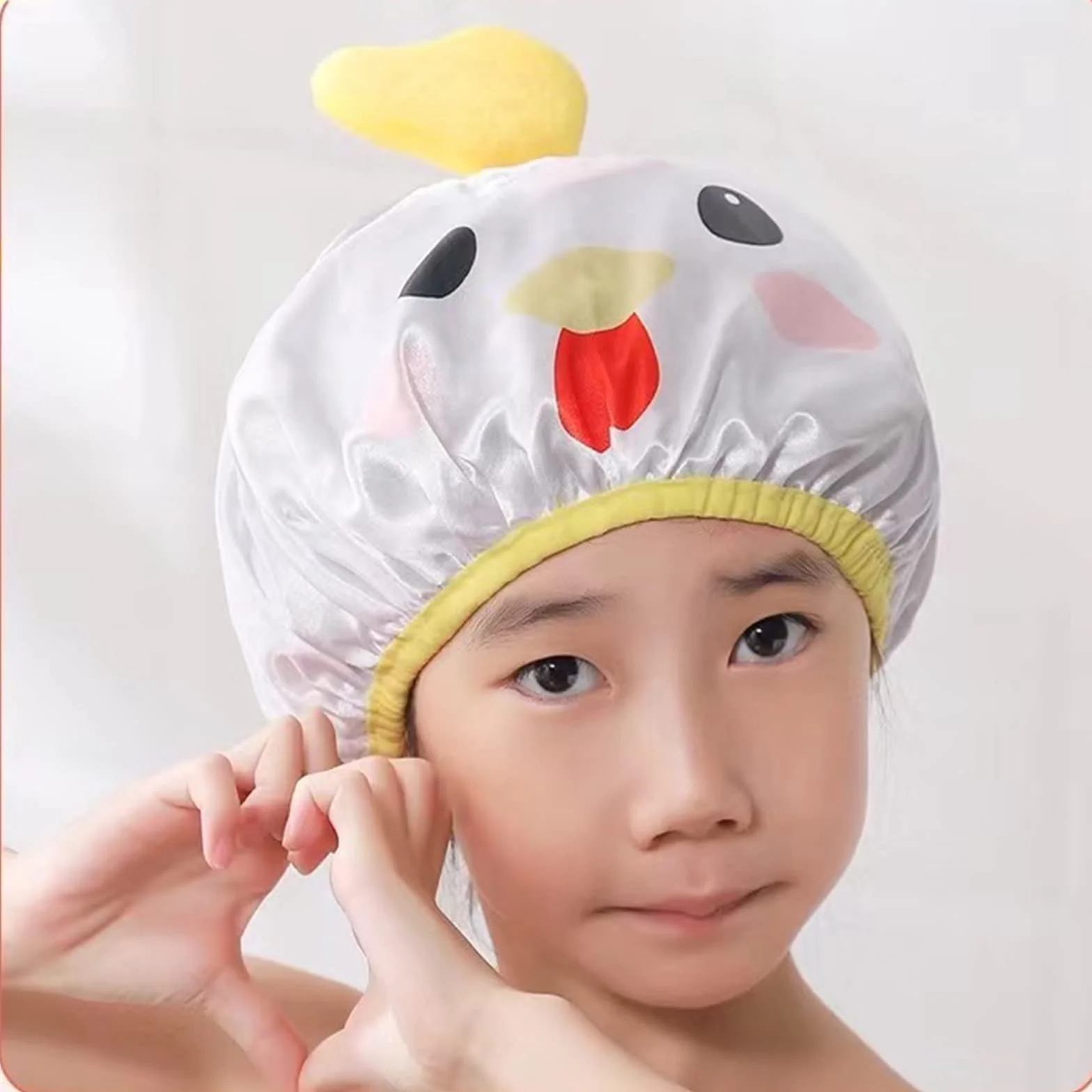 Gorros de baño reutilizables diseñados para bebés, niños, pelo largo/grueso, lindo, impermeable, dibujos animados, animal, gorro de baño de doble capa para niños, niñas y mujeres (pollo amarillo