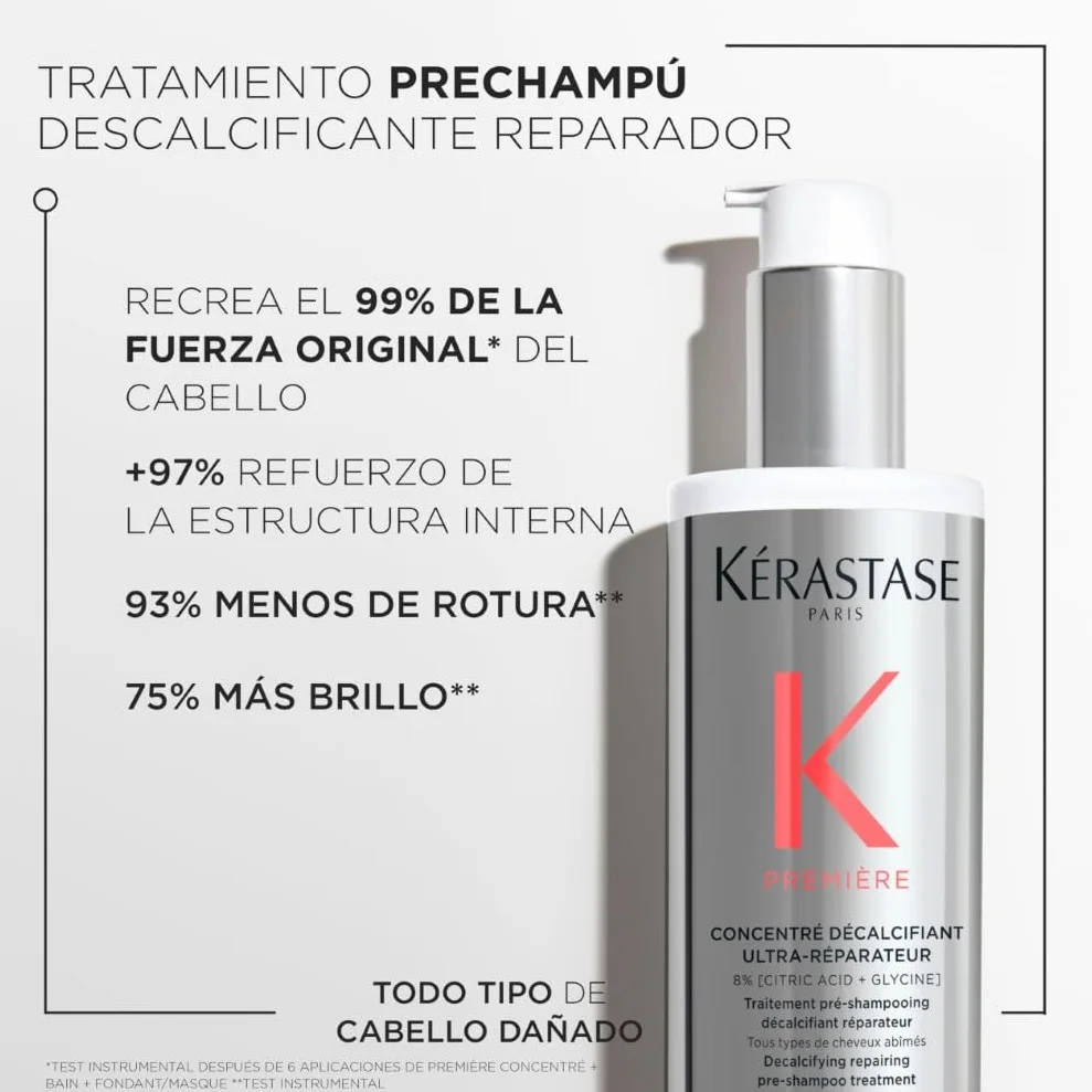 Kérastase Première Reparador de Cabello, Concentrado, Descalcificante, Tratamiento Cabello Seco y Dañado, con Ácido Cítrico y Glicina, Concentré Décalcifiant Ultra-Réparateur, 250 ml