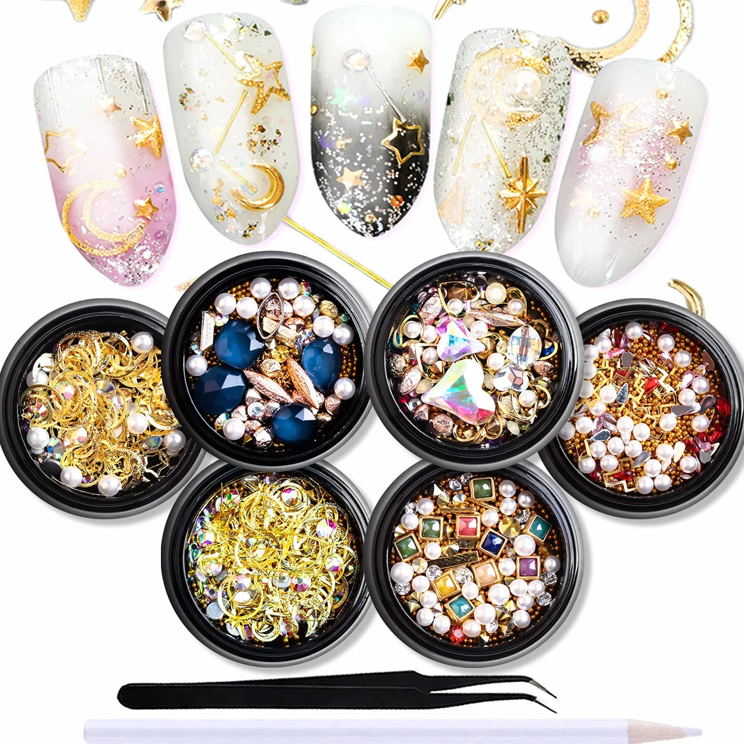 6 cajas de tachuelas de metal con forma de mezcla 3D, perlas grandes, arte de uñas, juego de remaches de uñas con diamantes de imitación, decoración de joyas de uñas con 1 pinza y lápiz