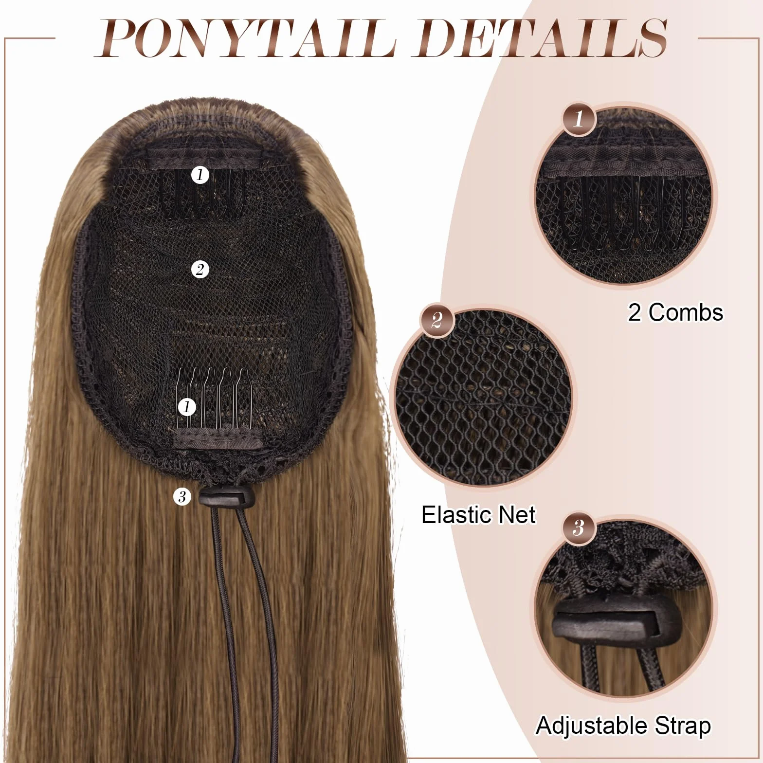 FESHFEN Coleta Postiza Pelo Liso 60 cm Cola de Caballo Extension Sintética para Mujeres Marrón Musgo