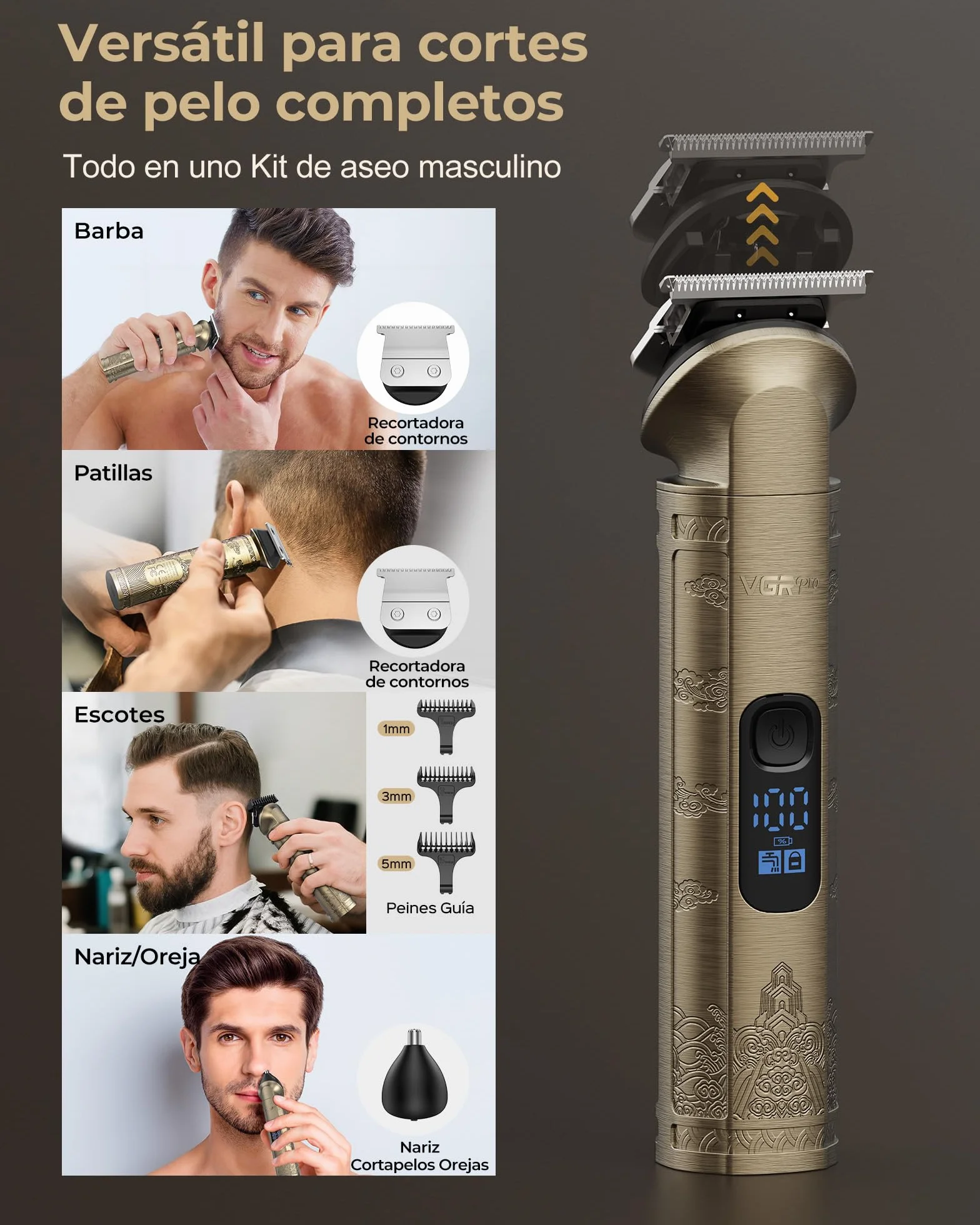 VGRPRO Profesional Cortapelos Hombre Inalámbrico Kit Cortadora de Pelo y Trimmer con Caja de Embalaje Dorado