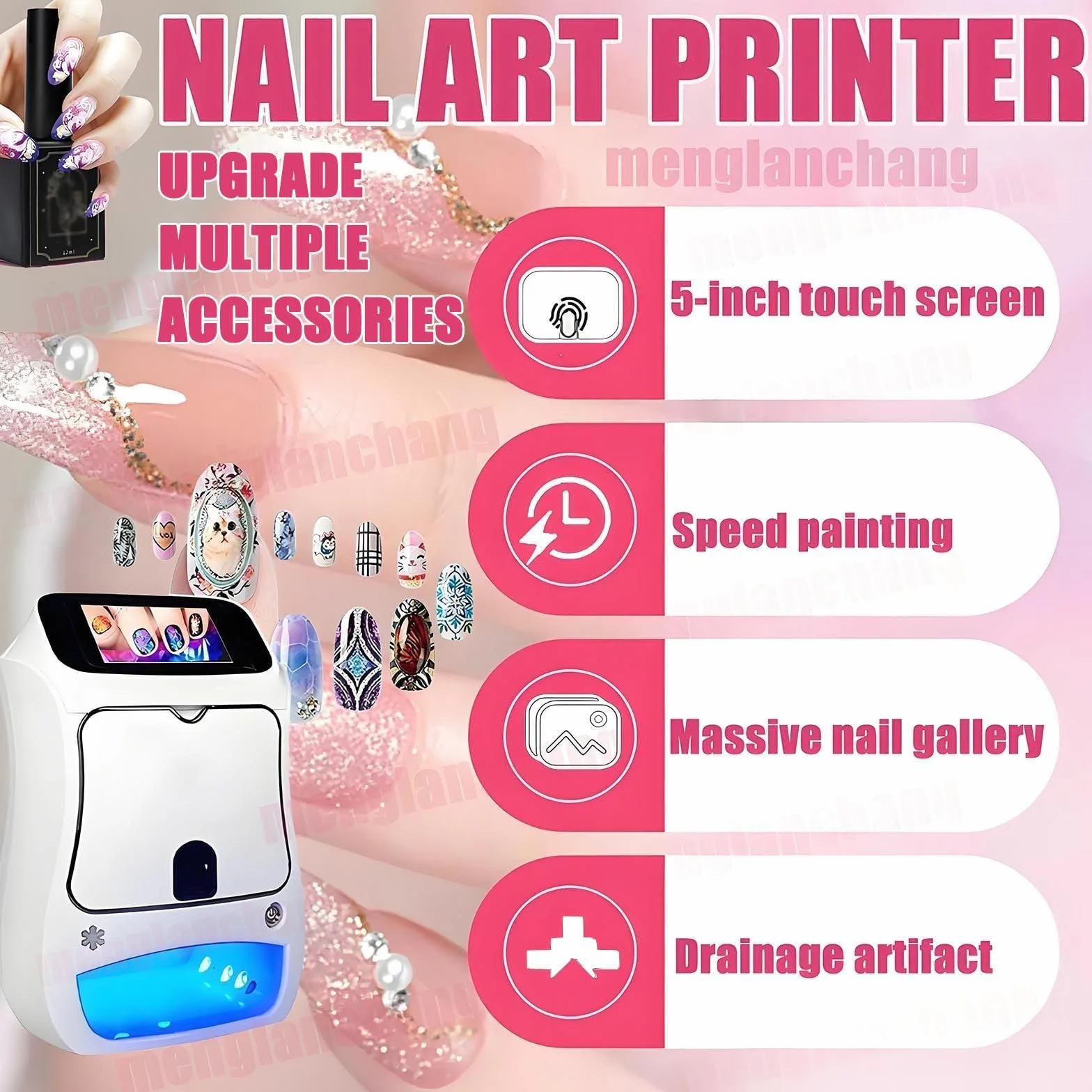 Kit De Impresora De UñAs - Impresora De UñAs 3D Digital MóVil para SalóN Y Hogar-WiFi/DiseñO DIY/Pantalla TáCtil | 10 Esmaltes De Gel + 2 Pegamentos para Pintar + 2 Cartuchos Tinta