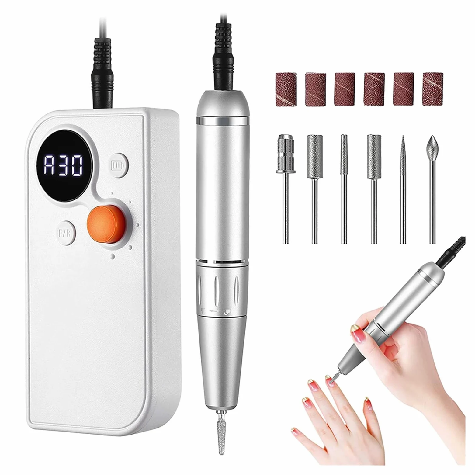 Torno para Uñas, Taladro eléctrico for uñas, lijadora for manicura, juego de fresas, lima de uñas profesional, quitaesmalte de Gel recargable(Bianco)
