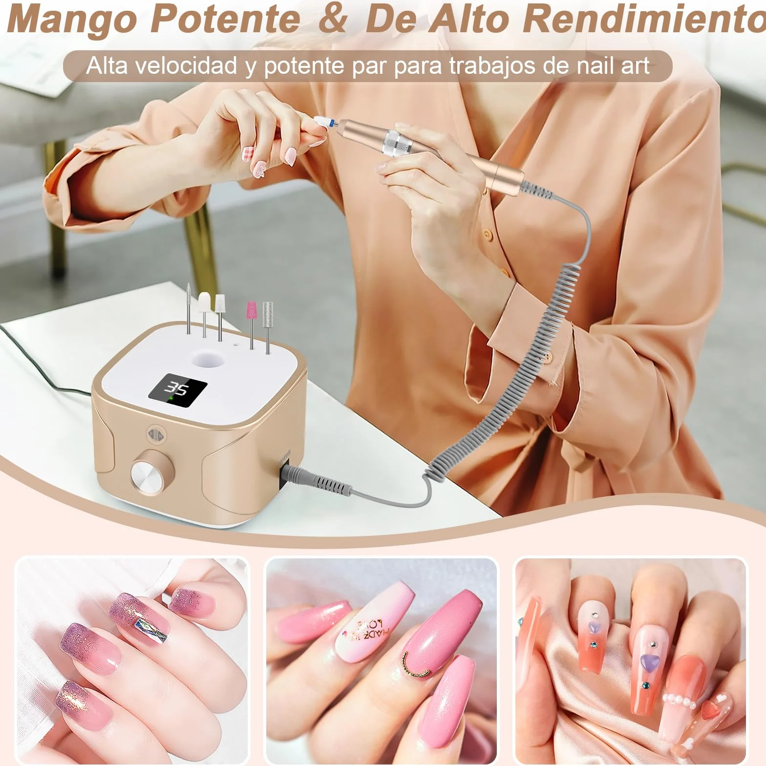 Kredioo Torno para Uñas Profesional 35000 RPM, Pulidor Uñas, Lima Electrica, Nail Drill, Set Manicura y Pedicura Electrico, Kit 11 Fresas Brocas, LED Tátil, Quitar Acrílico Gel/Esmalte/Callos, Oro