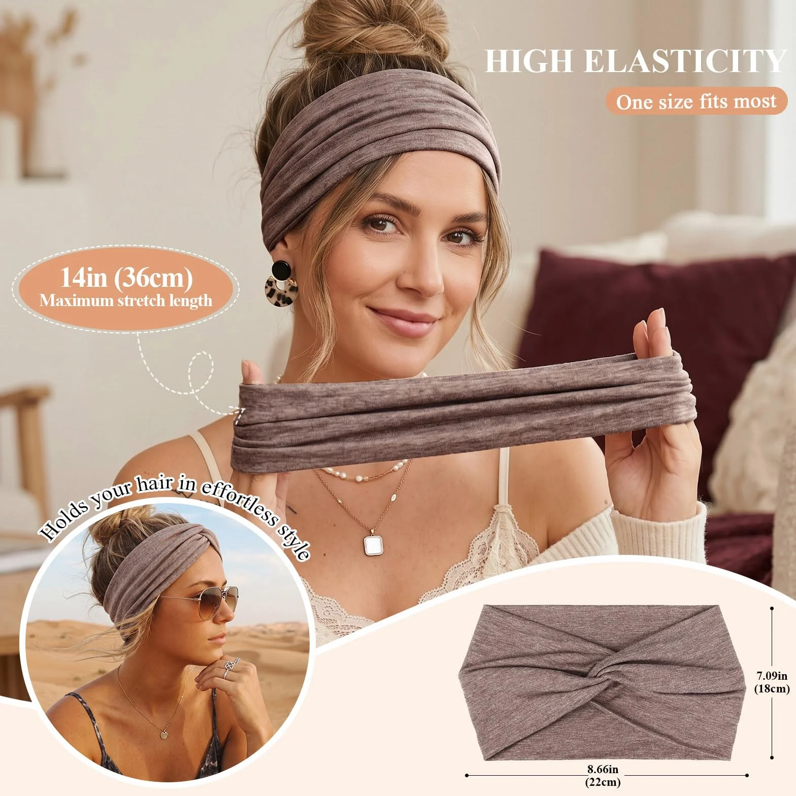 Kavya Diadema Mujer Cinta Pelo 4 Unidades 7'' Ancho Elástico Boho con Nudo Cruzado Turbantes Bandana Headband Accesorios Pelo Yoga Deportivo Maquillaje