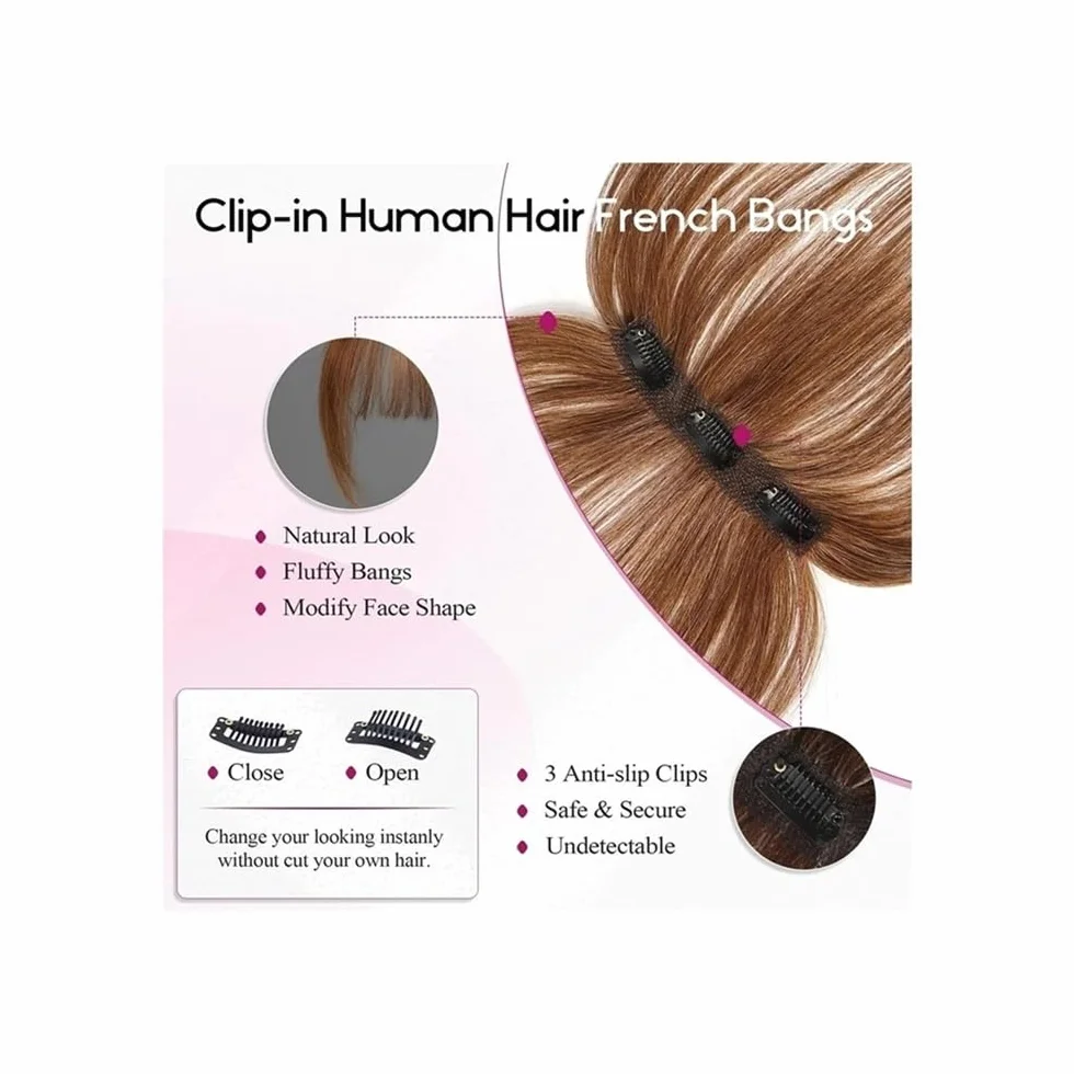 Flequillo De Cabello Humano For Mujeres, 3D, Ralo, Clips Color Marrón Natural, Con Postizo, Cobertura Total 360°(Natural Brown)