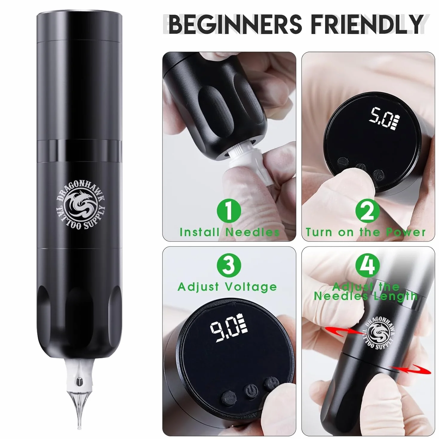 Dragonhawk kit tatuaje Completo X3 Máquina de tatuar rotativa Batería Tattoo Gun Inalámbrica Batería 1500mah agujas tatuaje de principiante