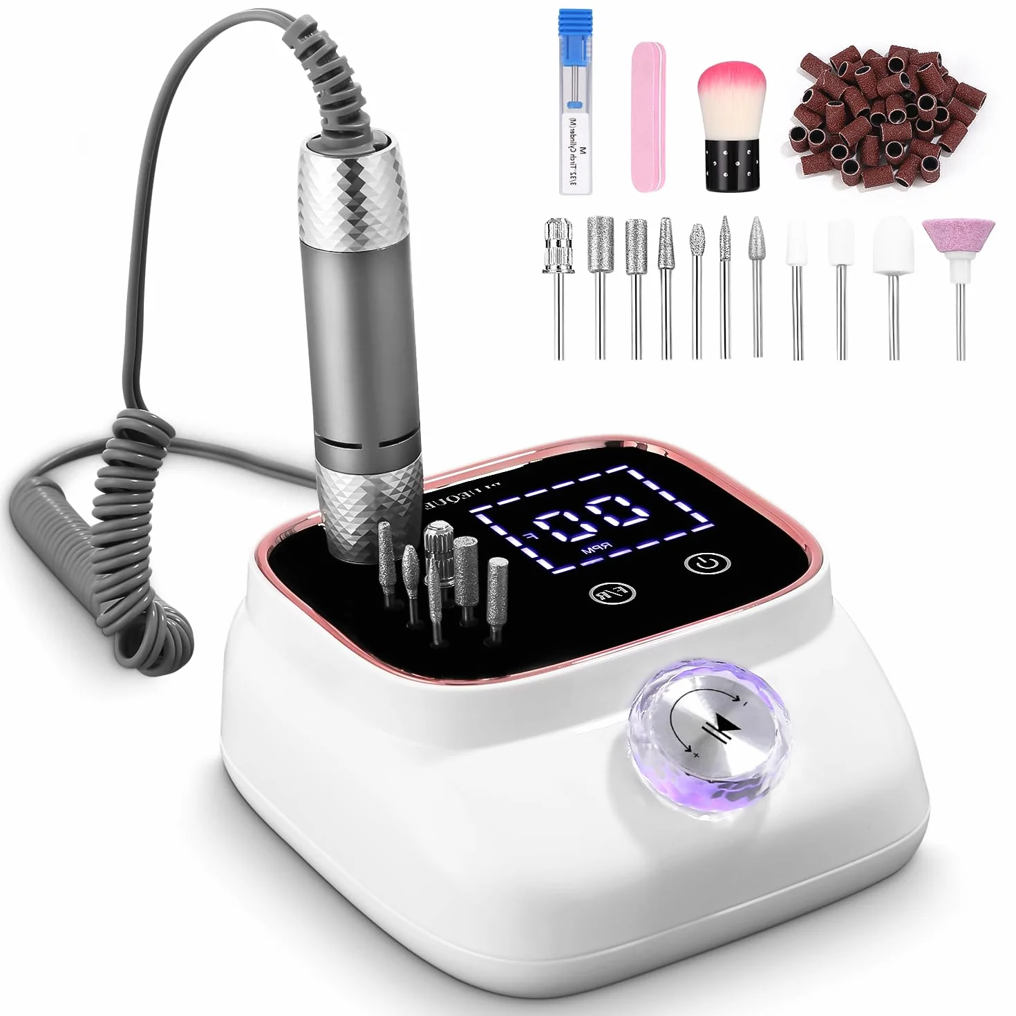 45,000RPM Torno para Uñas Profesional, Lima Electrica Uñas, Velocidad Ajustable,Set de Accesorios para Manicura y Pedicura con Brocas de Cerámica,para Uso Doméstico Salones de Uñas, Oro Rosa