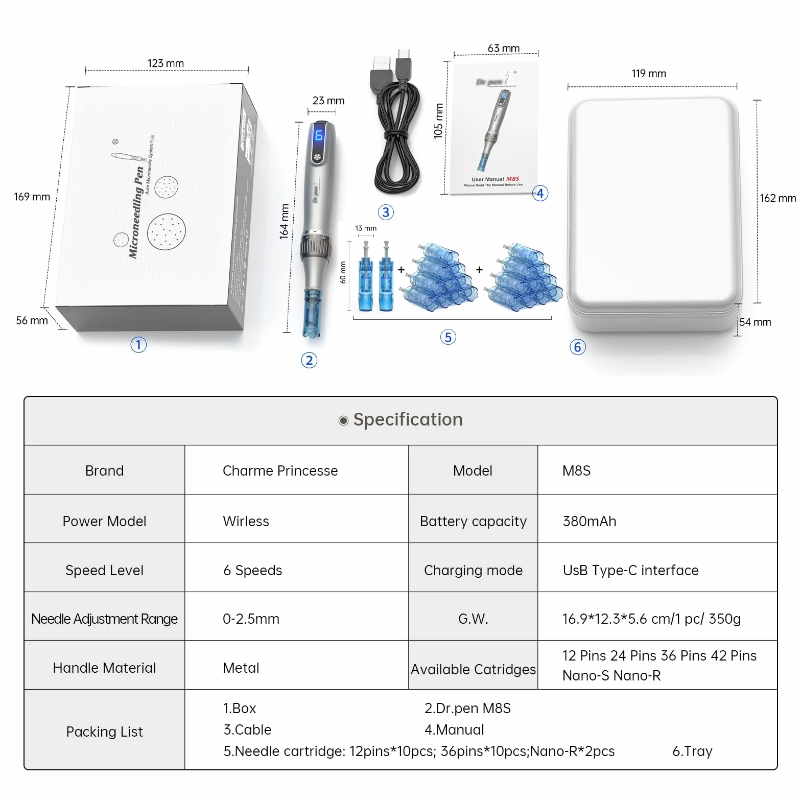 Dermapen M8S Profesional Inalámbrico Microneedling Pen 0-2.5mm Ajustable 22 Cartuchos 6 Velocidades