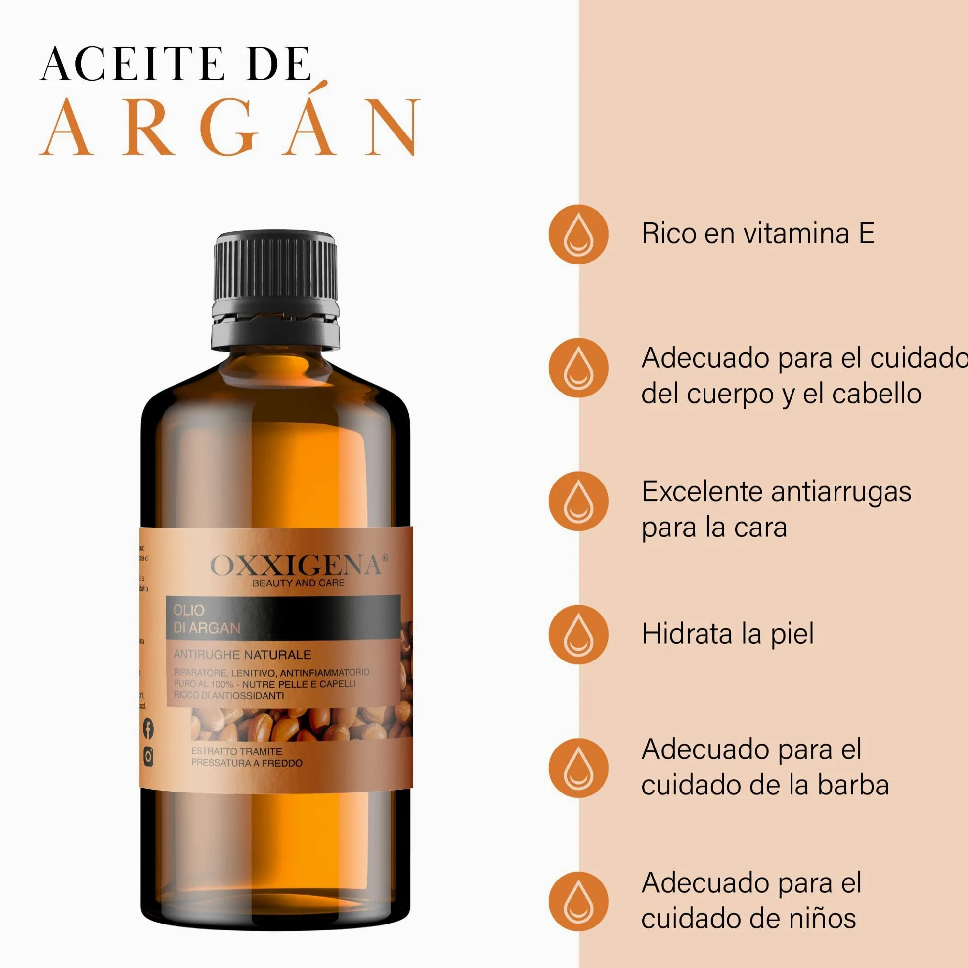 Oxxigena Aceite de Argán de Marruecos 100% puro - 500 ml - Prensado en Frío - Hidratante, Ideal para Cara, Cabello, Piel, Barba y Cutícula - Vegano, sin OGM