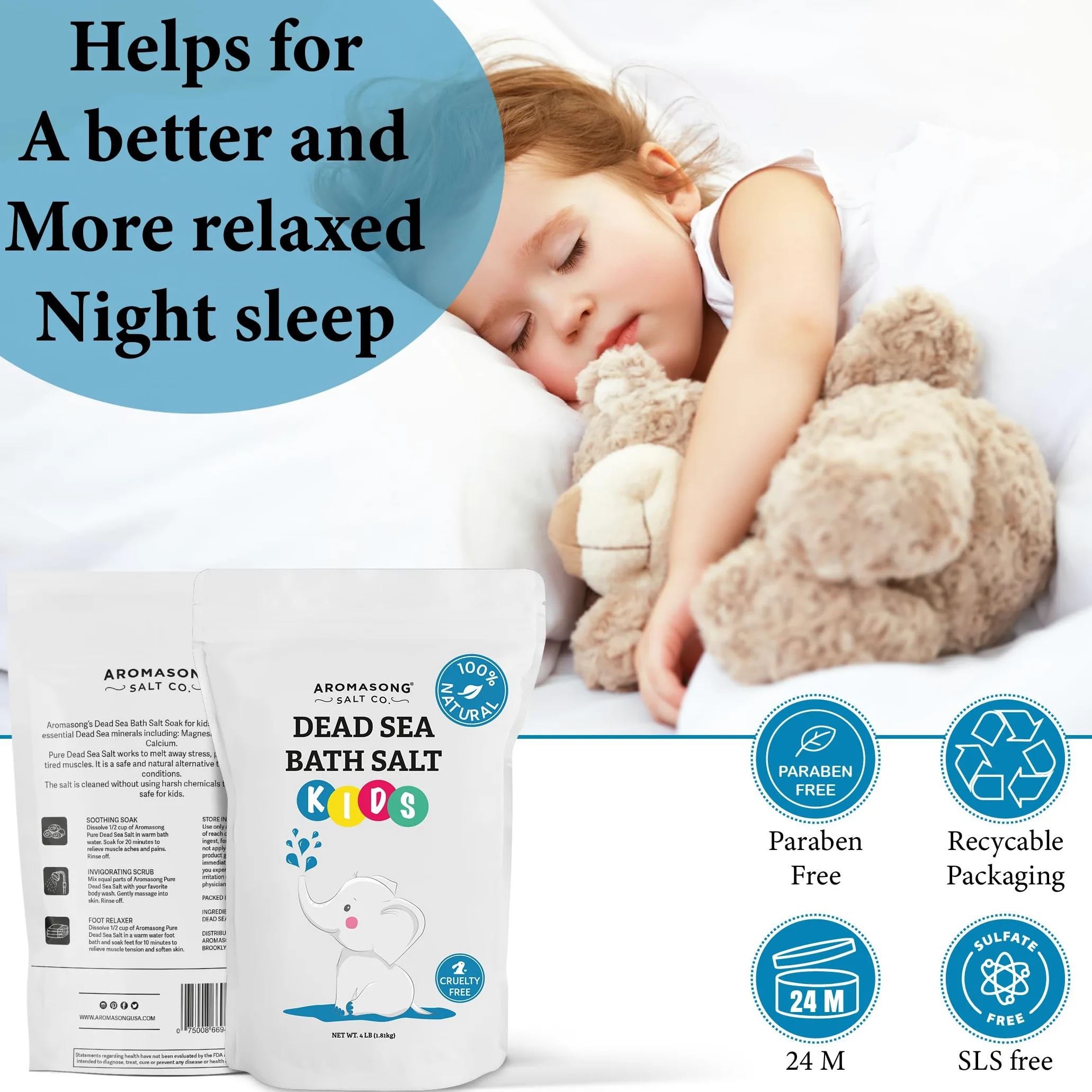 Aromasong Sal del Mar Muerto para niños, 4 libras. Paquete resellable grande de grano fino, 100% puro y natural.