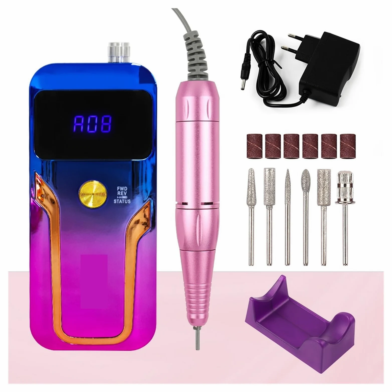 Torno para Uñas, Taladro eléctrico for uñas, 35000RPM, recargable, profesional, juego de fresas for manicura con pantalla LED, broca for limas de uñas(Blauw)