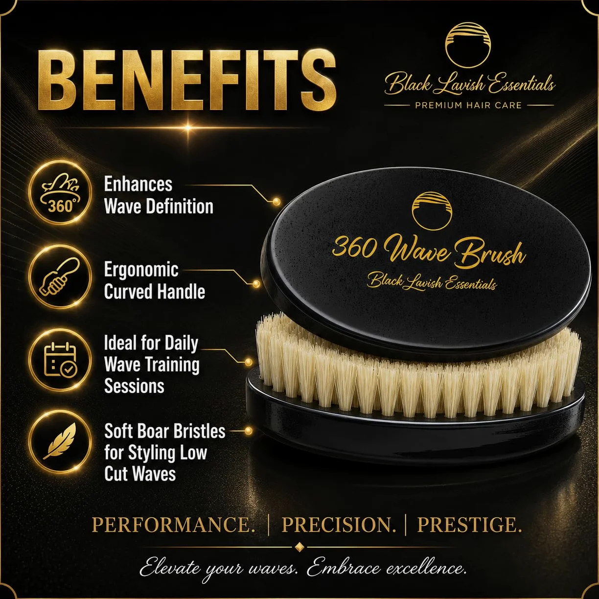 Cepillo ondulado 360, crea ondas más profundas, cerdas de jabalí suaves y duras (negro, cepillo suave)