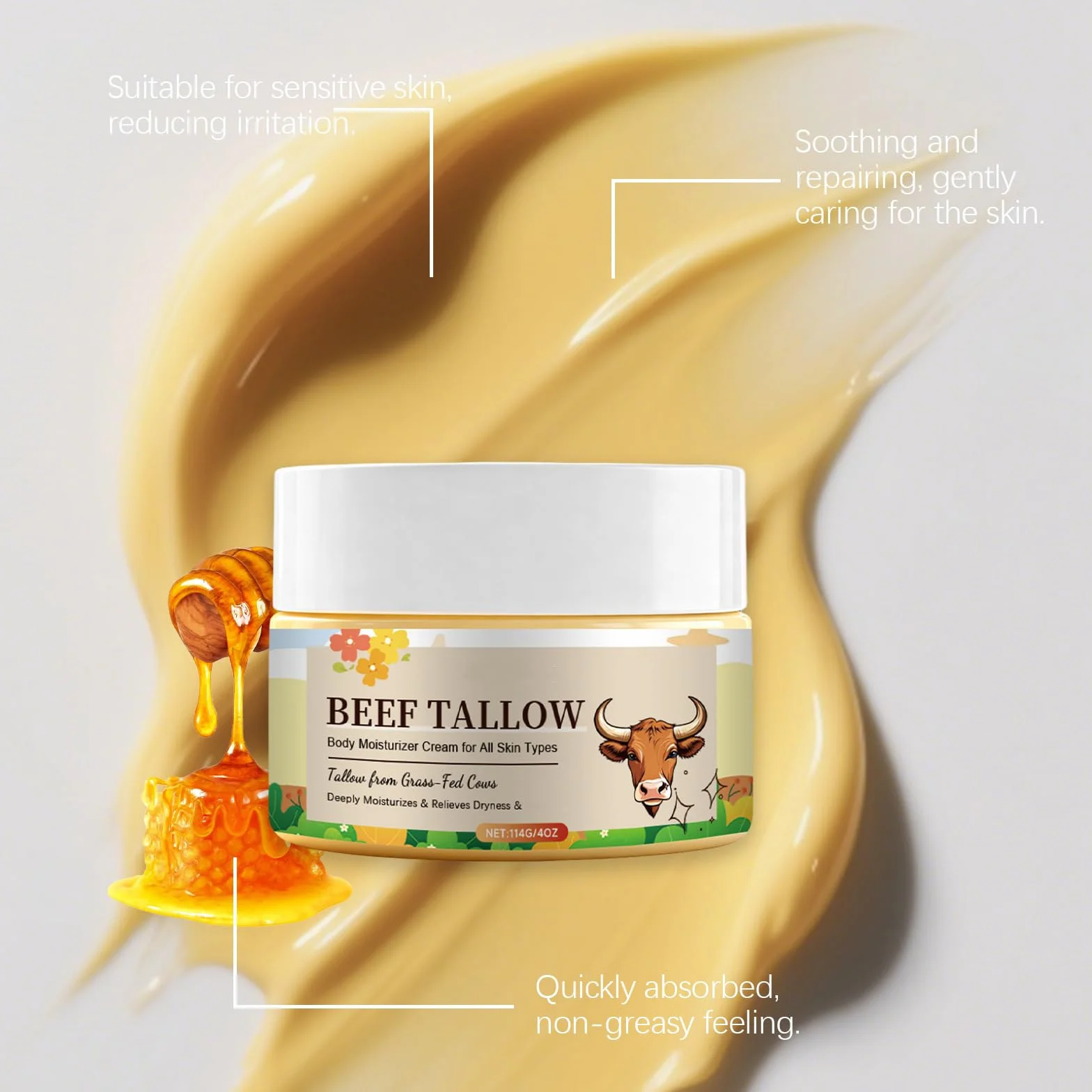 Beef Tallow & Miel Crema, Crema Hidratante de Sebo para Cara y Cuerpo, Hidratación Profunda para Piel Seca y Sensible, Bálsamo de Absorción Rápida, Piel Suave y Lisa (8pc)